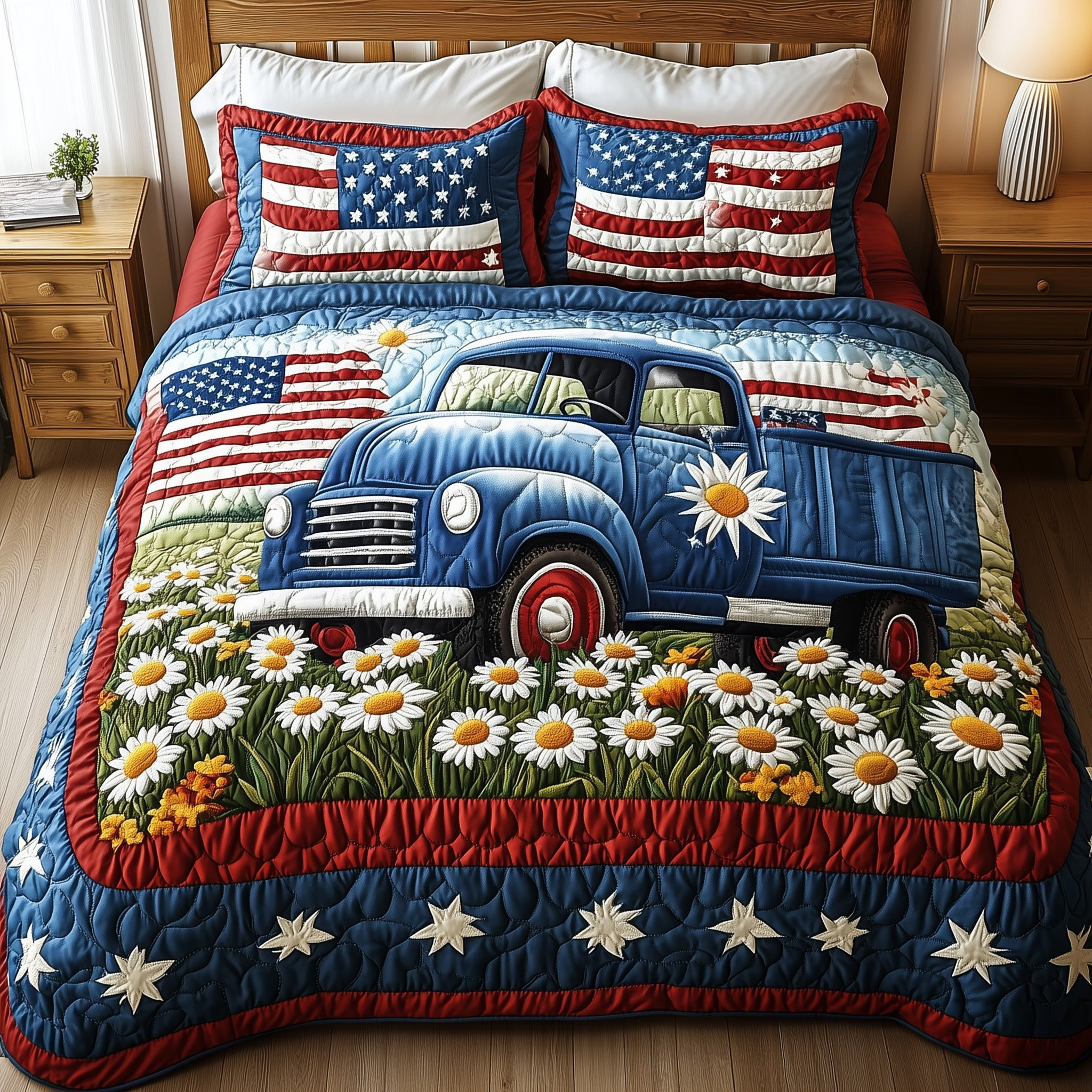 Patriotic America Truck  Quilted Bedding Set  King Size Duvet Cover Best 4Th Of July Gifts