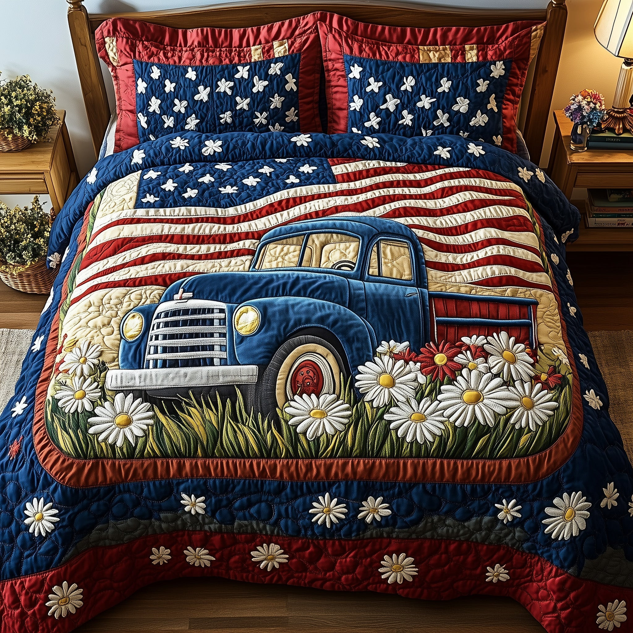 Patriotic America Truck  Quilted Bedding Set  King Size Duvet Cover Fourth Of July Hostess Gifts