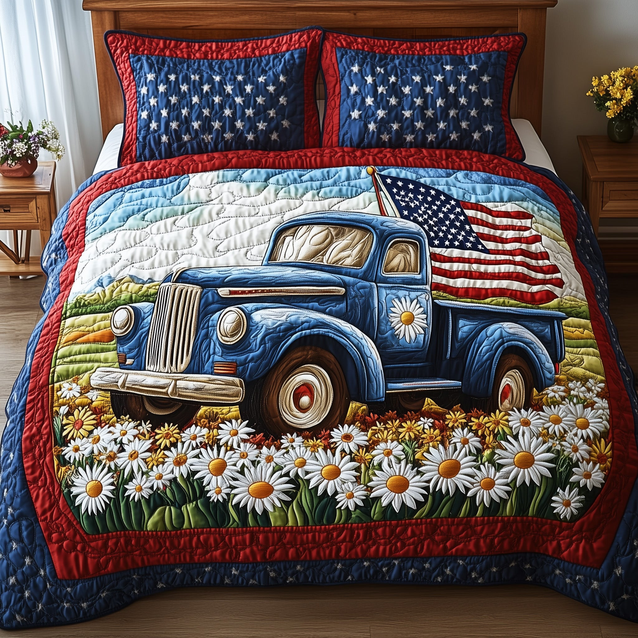 Patriotic America Truck  Quilted Bedding Set  King Size Quilt Fourth Of July Gift Ideas