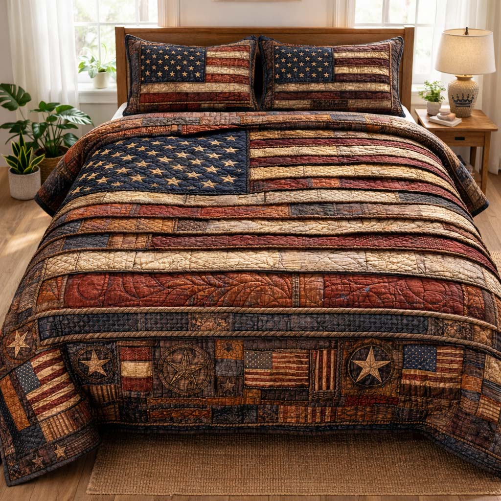 Patriotic American Flag Quilted Bedding Set Bed Room Decoration Gifts For Veterans - Tradiviet