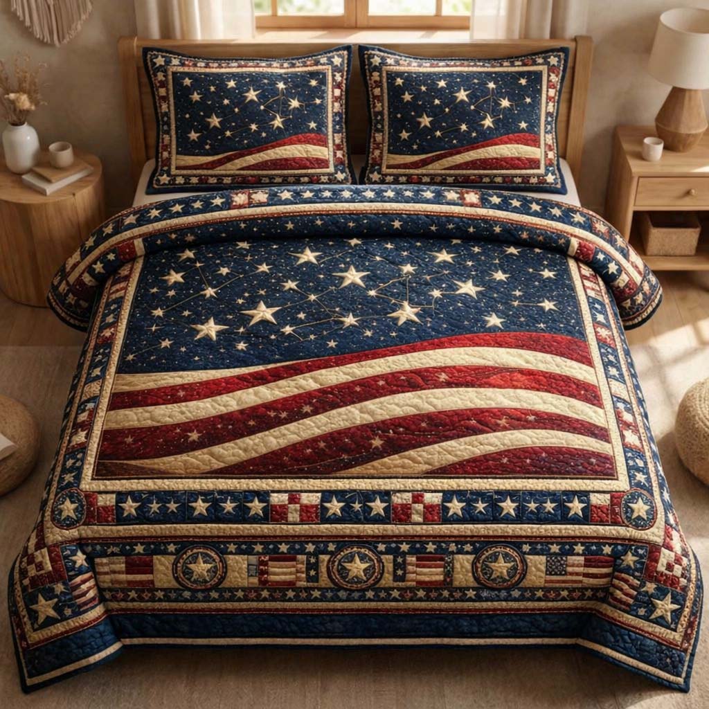 Patriotic American Flag Quilted Bedding Set Bedroom Holiday Decorations Gifts For Mom - Tradiviet