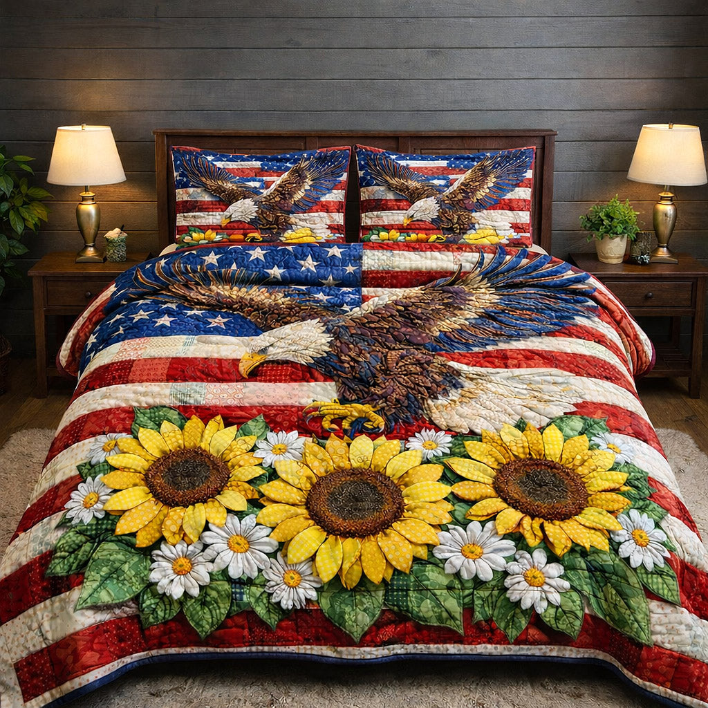 Patriotic American Flag Sunflower Quilted Bedding Set Room Decorations Gift For Mom - Tradiviet
