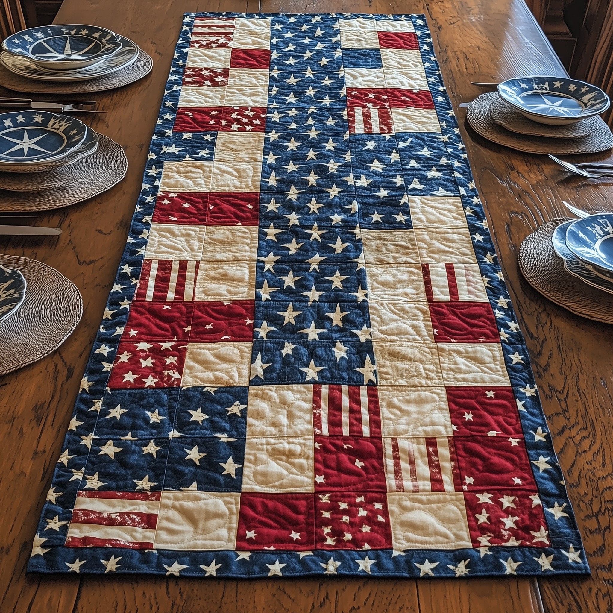 Patriotic American Quilted Table Runner  Fourth Of July Birthday Gifts