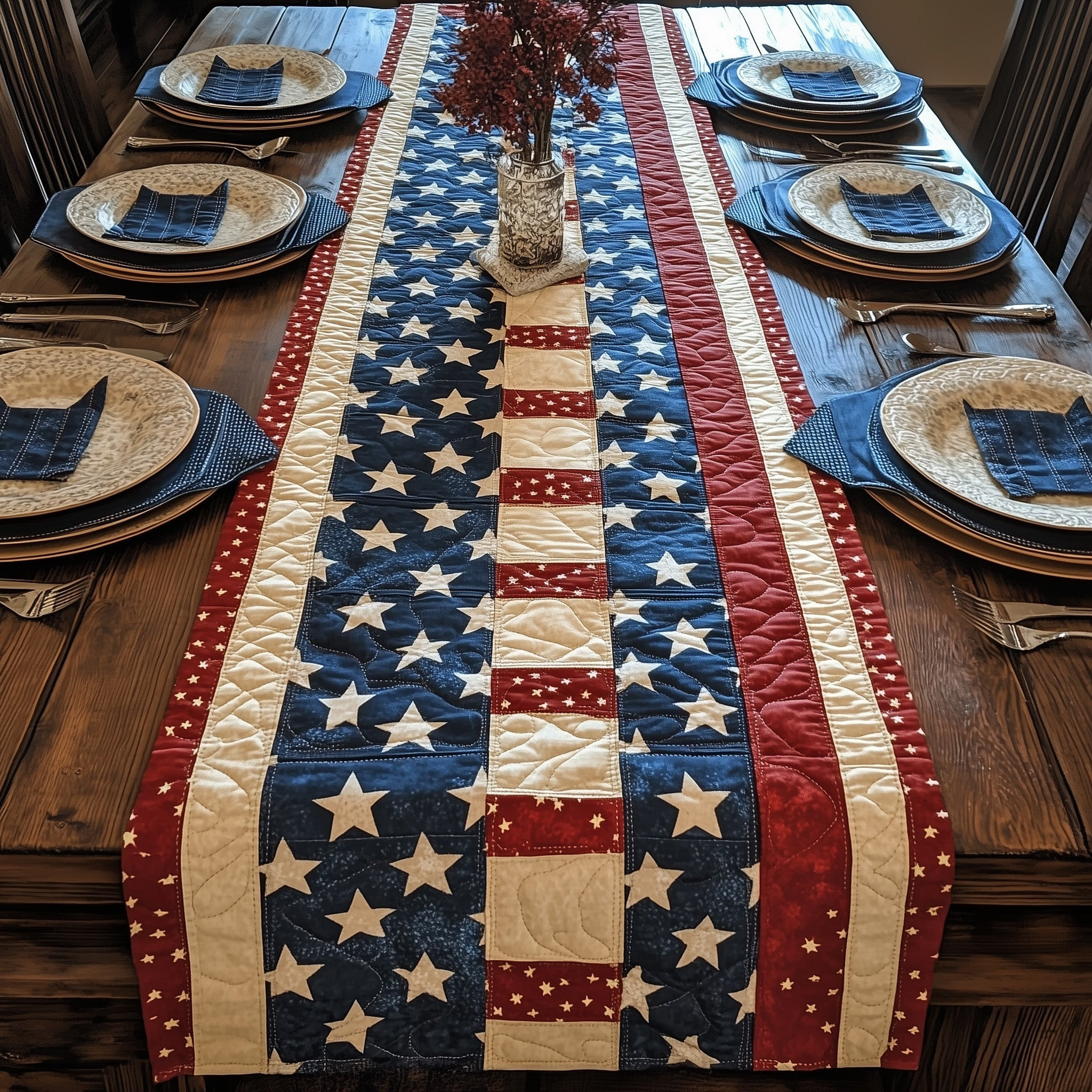 Patriotic American Quilted Table Runner  Holiday Table Runner Best Independence Gift