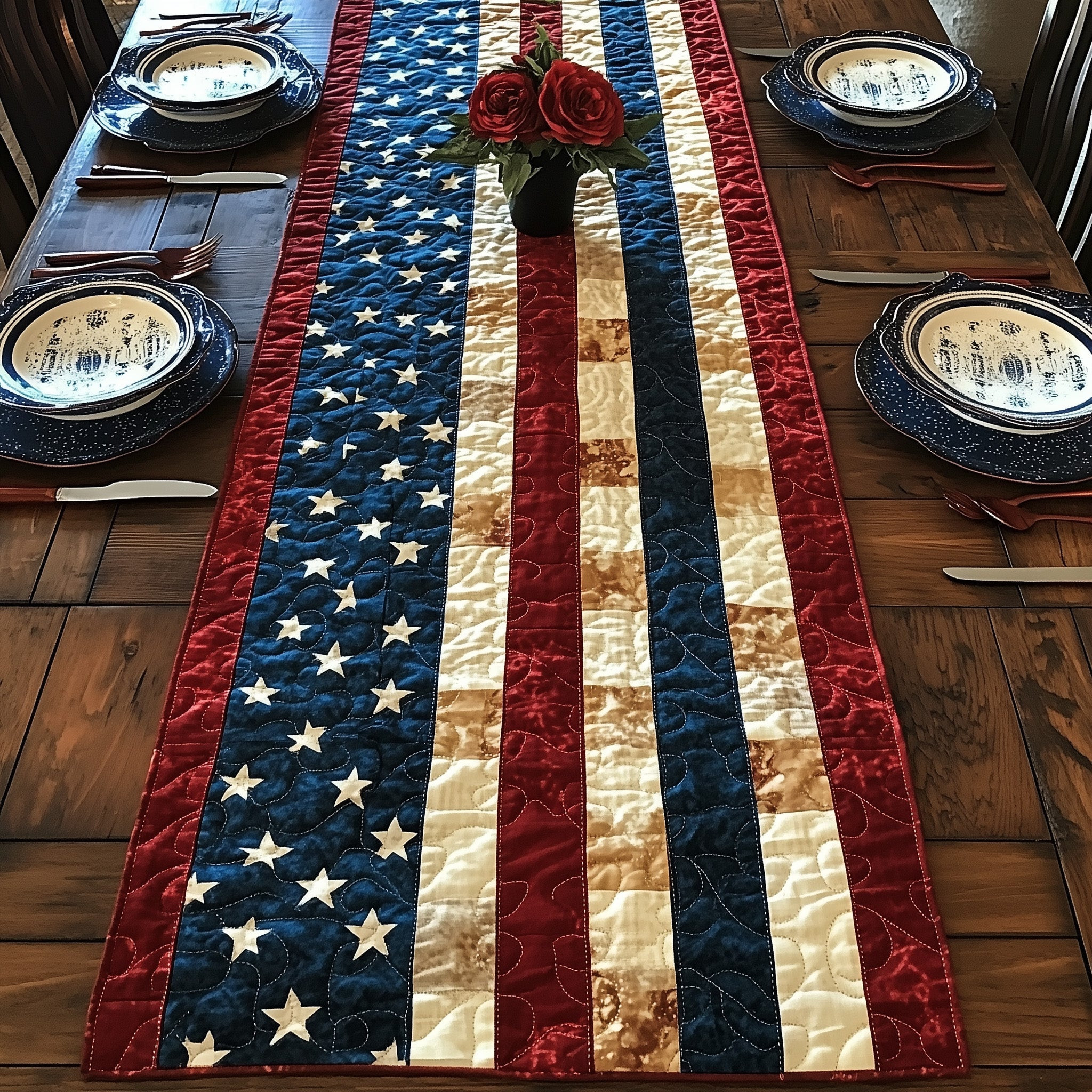 Patriotic American Quilted Table Runner  Summer Table Runner 4Th Of July Themed Gifts