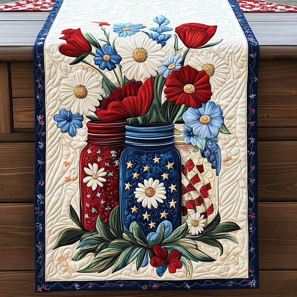 Patriotic Bloom Quilted Table Runner  Independence Day Runner 4Th Of July Present