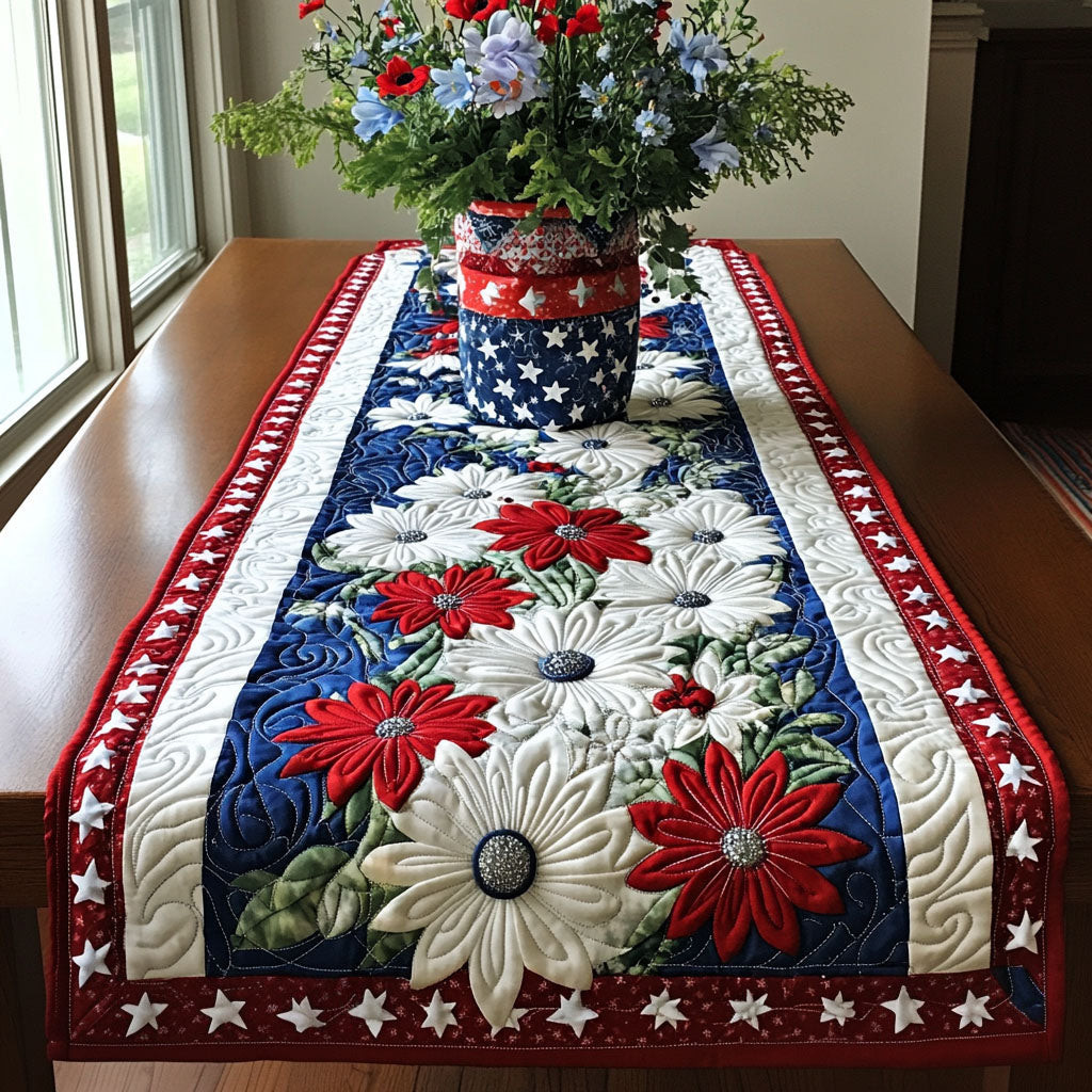 Patriotic Blooms Quilted Table Runner  Independence Day Runner 4Th Of July Present