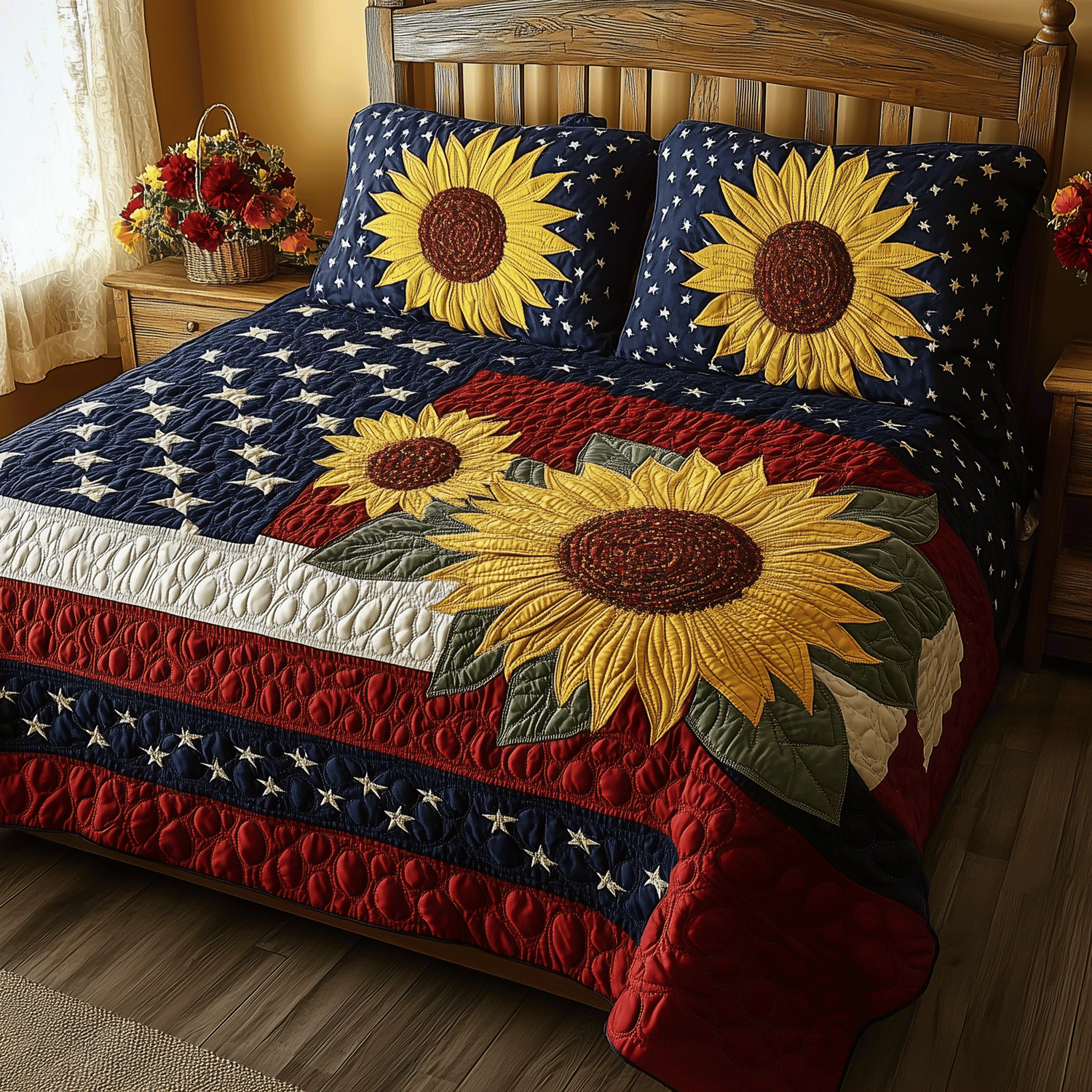 Patriotic Blossoms  Quilted Bedding Set  Floral Duvet Covers Fourth Of July Birthday Gifts
