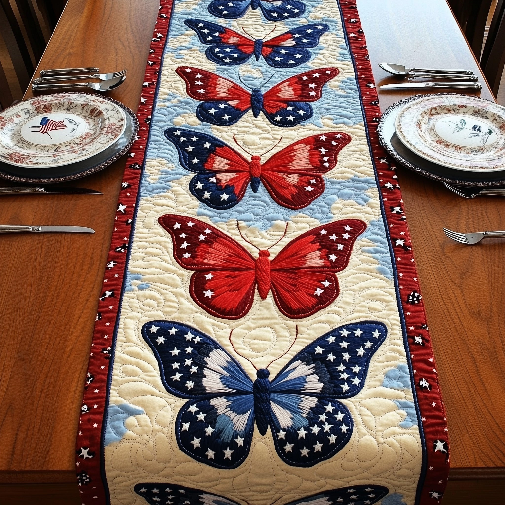Patriotic Butterfly Quilted Table Runner  4th Of July Table Runner 4Th Of July Gifts For Coworkers