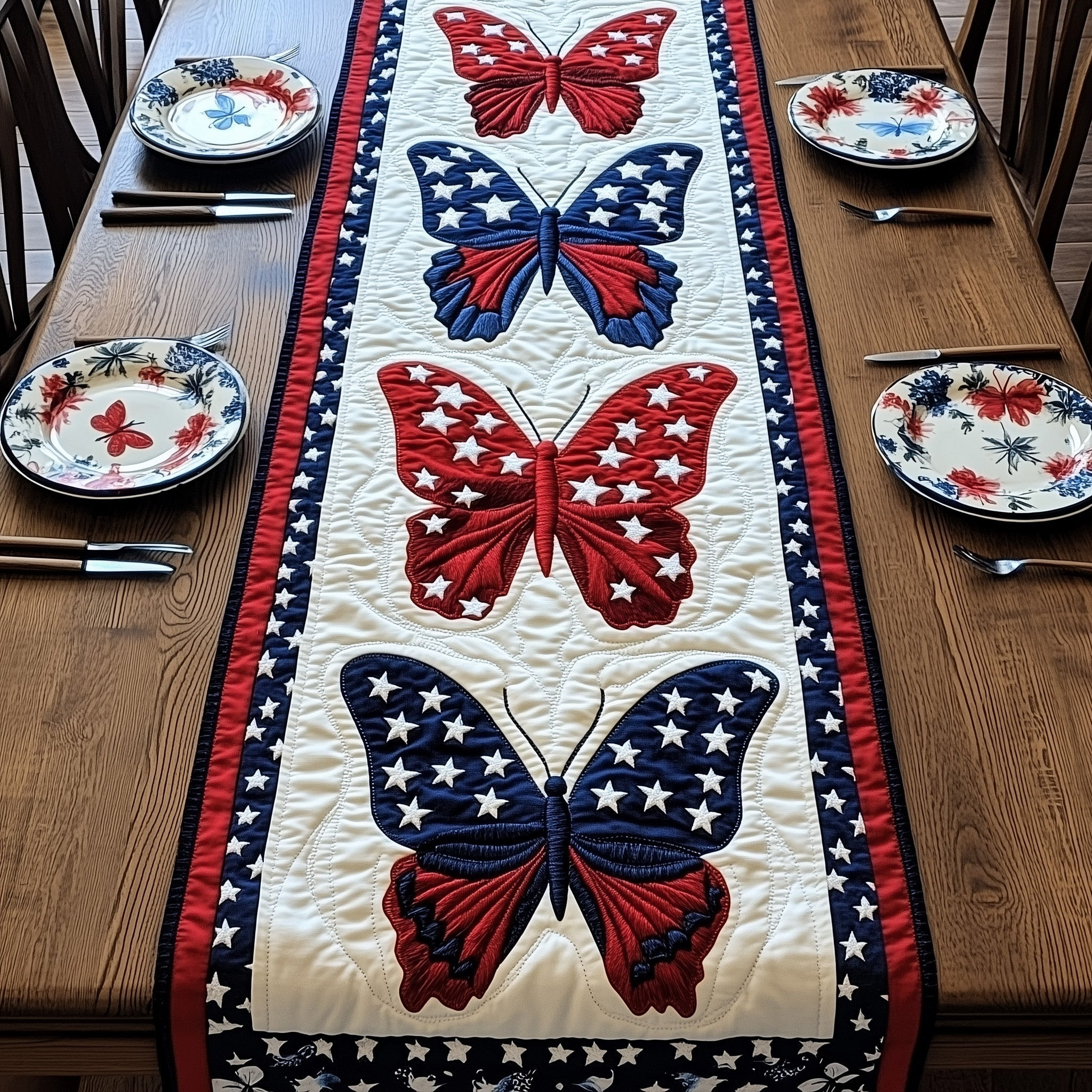 Patriotic Butterfly Quilted Table Runner  4th Of July Table Runner Best Independence Gift