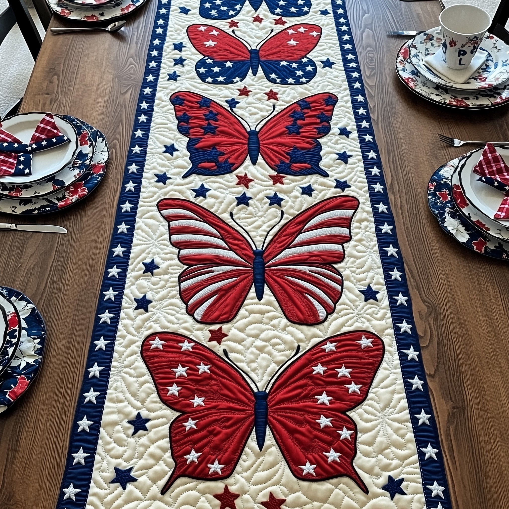Patriotic Butterfly Quilted Table Runner Autumn Table Runner 4Th Of July Employee Gifts
