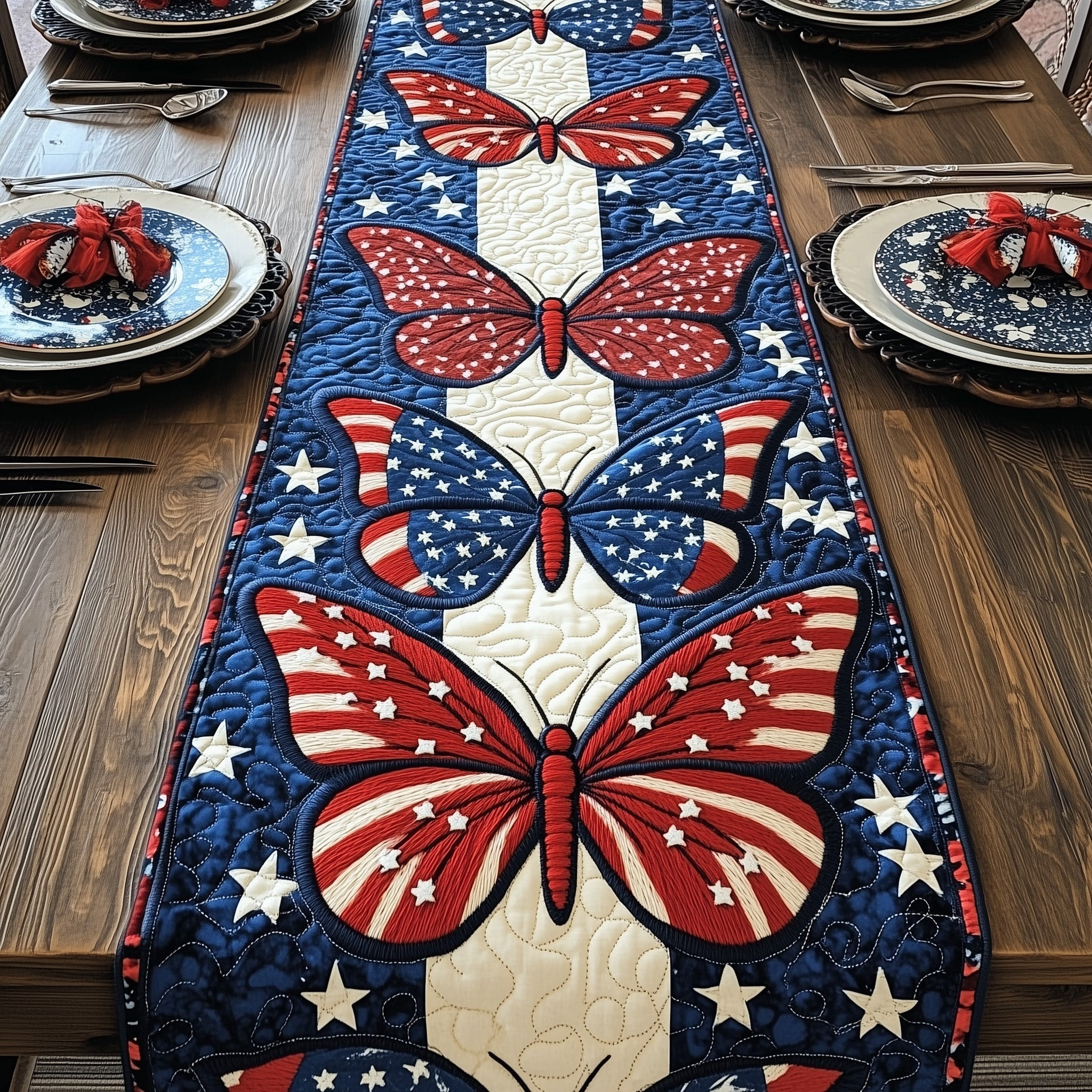 Patriotic Butterfly Quilted Table Runner  Dining Table Runner 4Th Of July Employee Gifts
