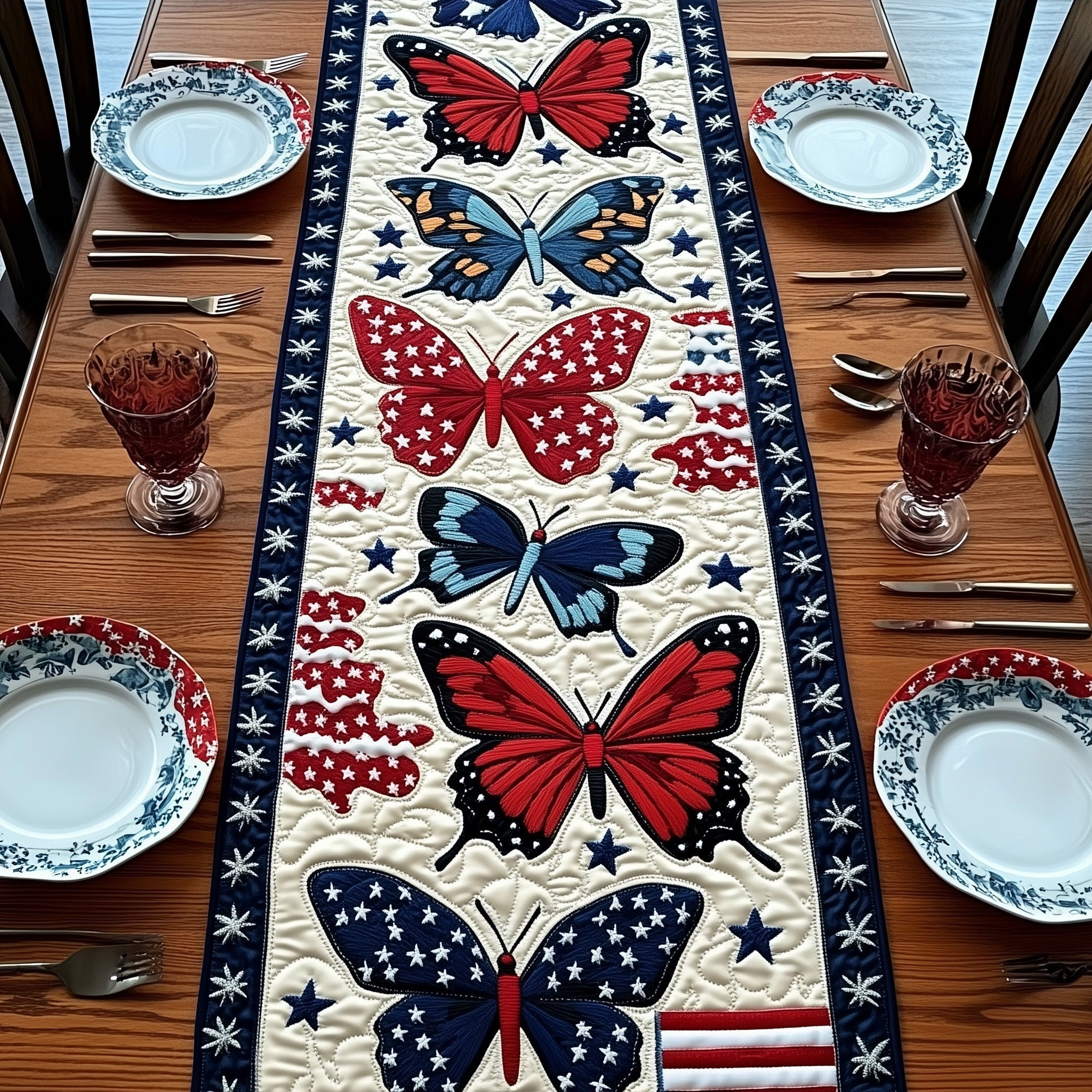 Patriotic Butterfly Quilted Table Runner  Summer Table Runner Cute 4Th Of July Gifts
