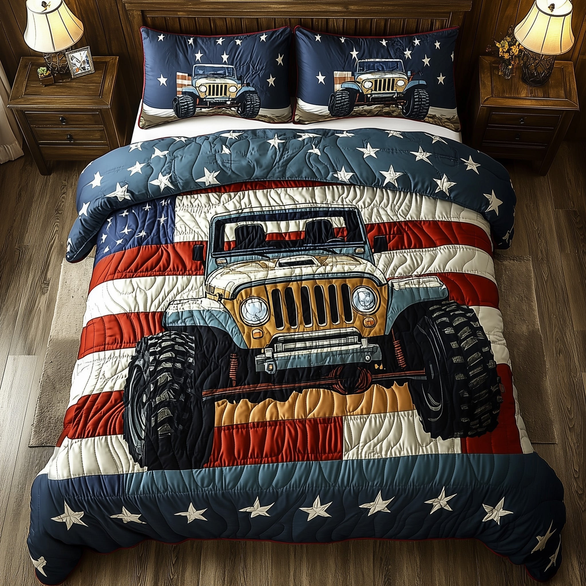 Patriotic Chase  Quilted Bedding Set King Size Duvet Cover Best 4Th Of July Gifts