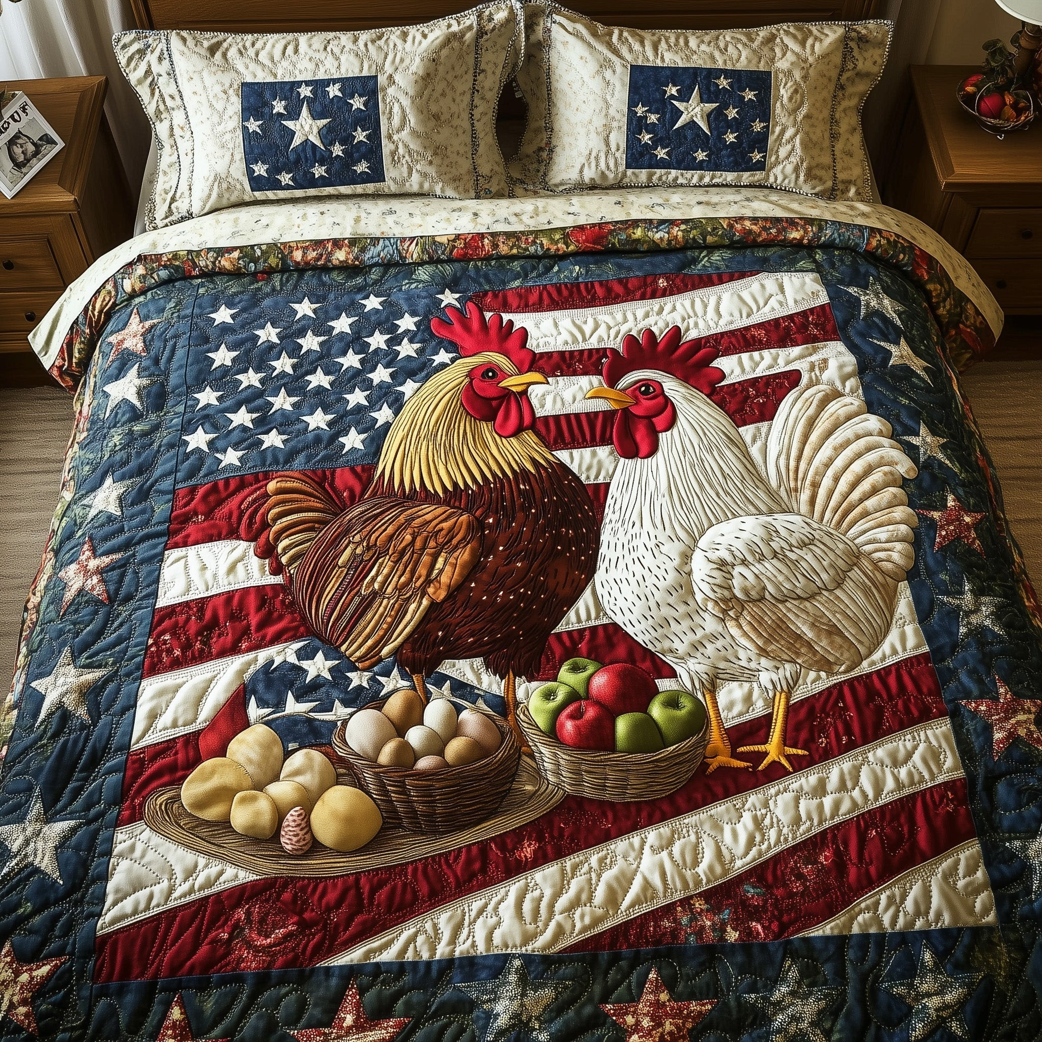 Patriotic Chicken  Quilted Bedding Set  King Size Quilt 4Th Of July Client Gifts
