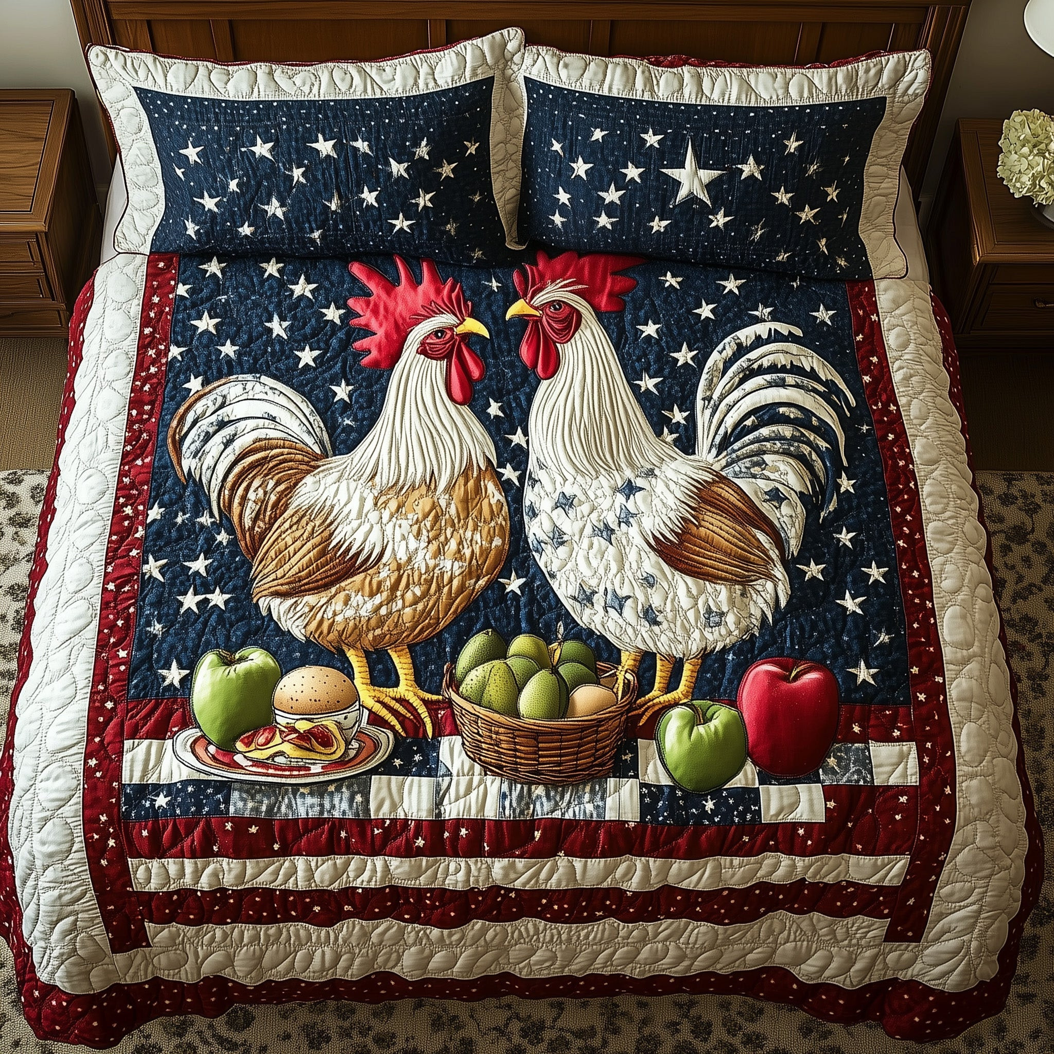 Patriotic Chicken  Quilted Bedding Set  King Size Quilt Fourth Of July Gift Ideas
