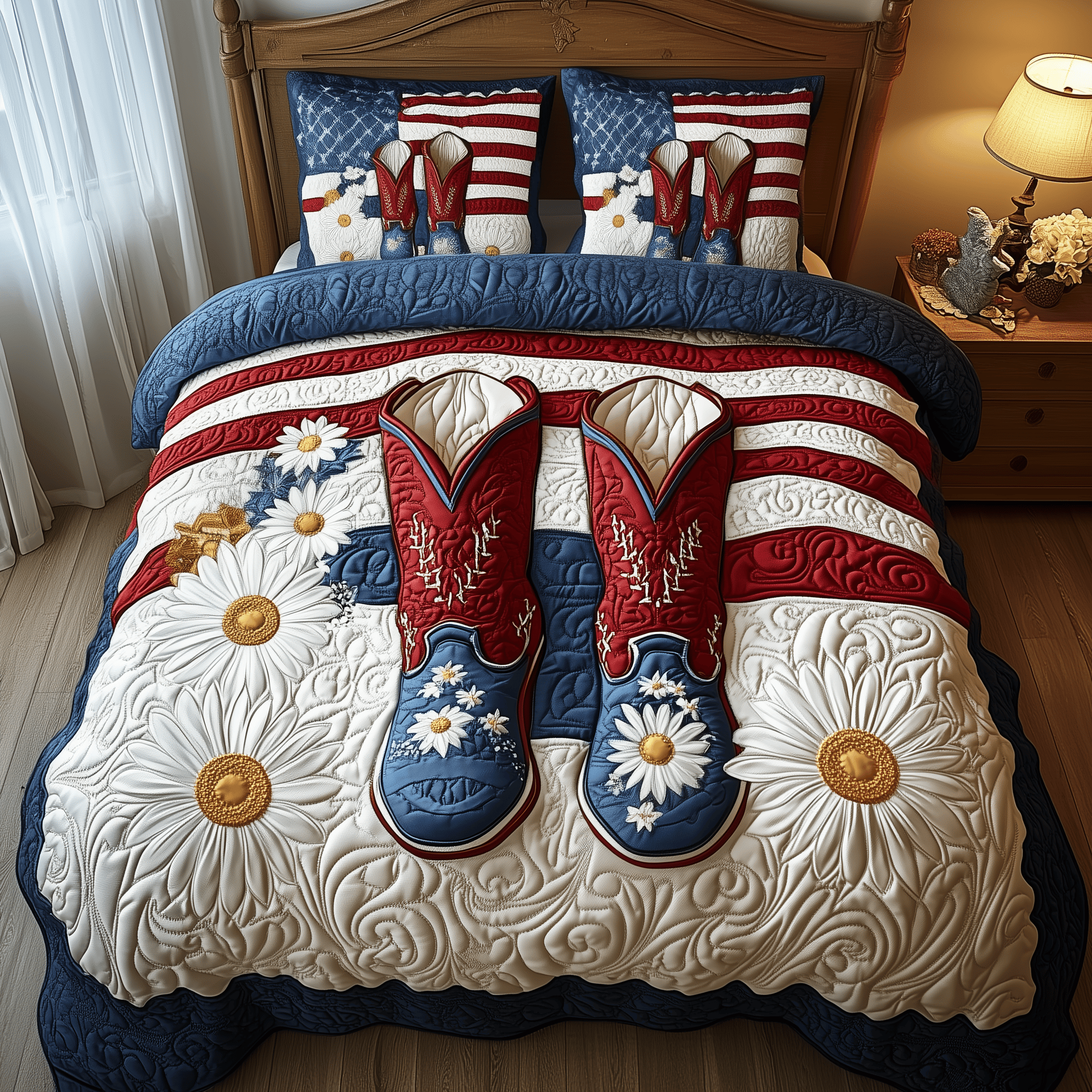 Patriotic Cowboy Boots  Quilted Bedding Set  4Th Of July Gifts For Coworkers
