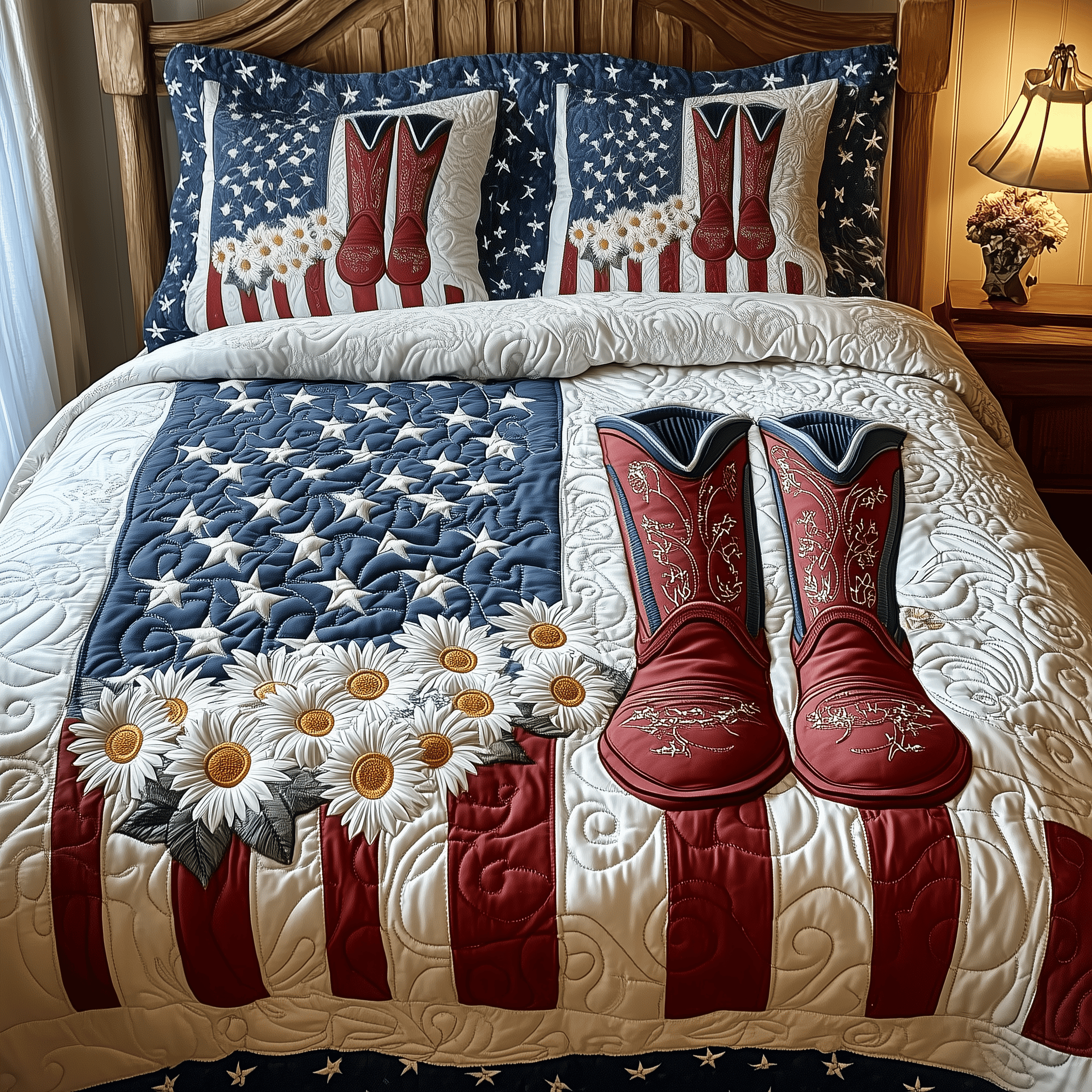 Patriotic Cowboy Boots  Quilted Bedding Set  Duvet Cover Queen Best 4Th Of July Gifts