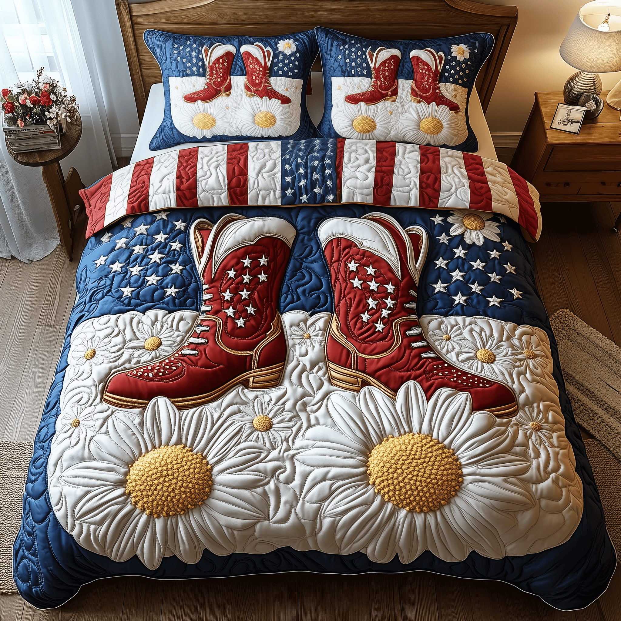 Patriotic Cowboy Boots  Quilted Bedding Set  King Size Duvet Cover Best 4Th Of July Gifts