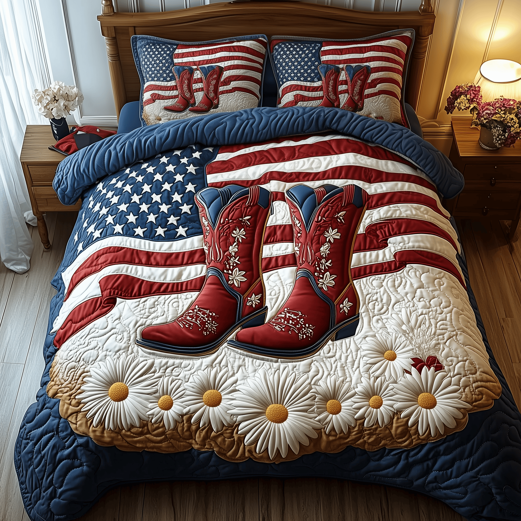 Patriotic Cowboy Boots  Quilted Bedding Set  King Size Duvet Cover Fourth Of July Gifts