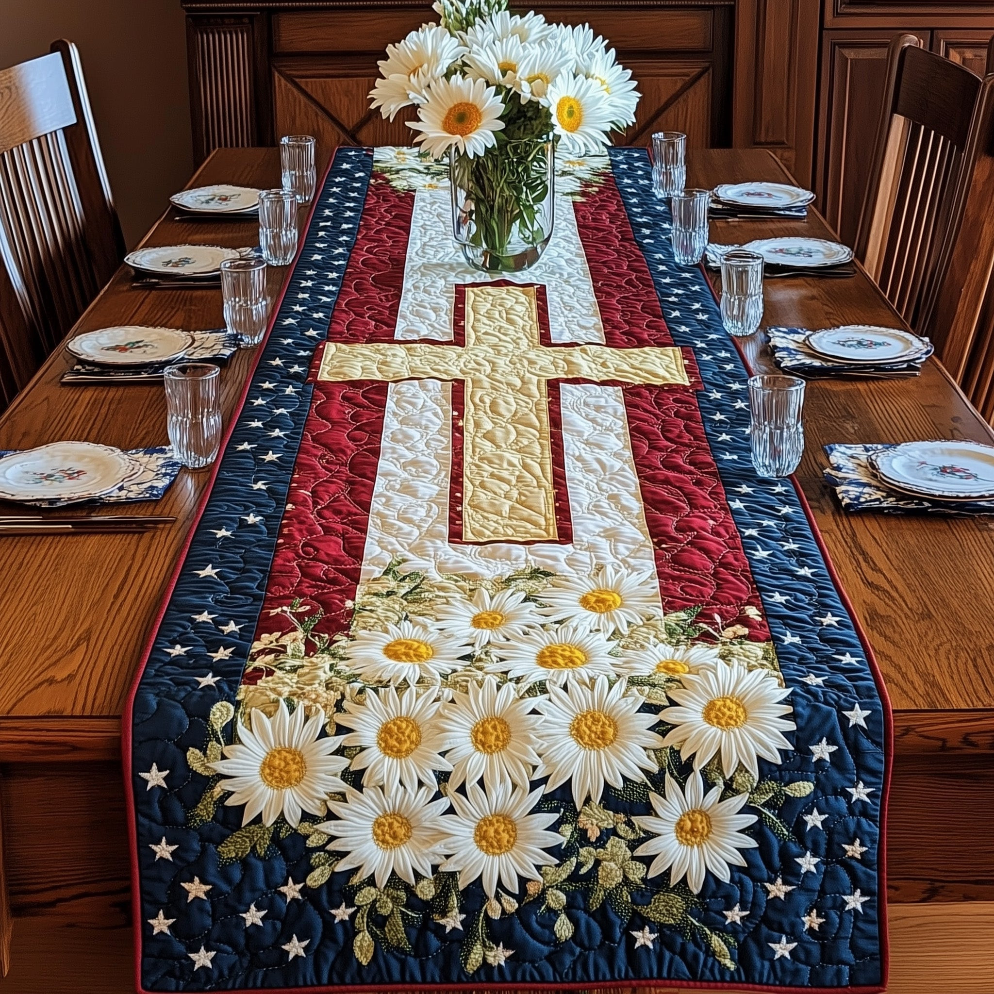 Patriotic Cross Quilted Table Runner  4th Of July Table Runner Best Independence Gift