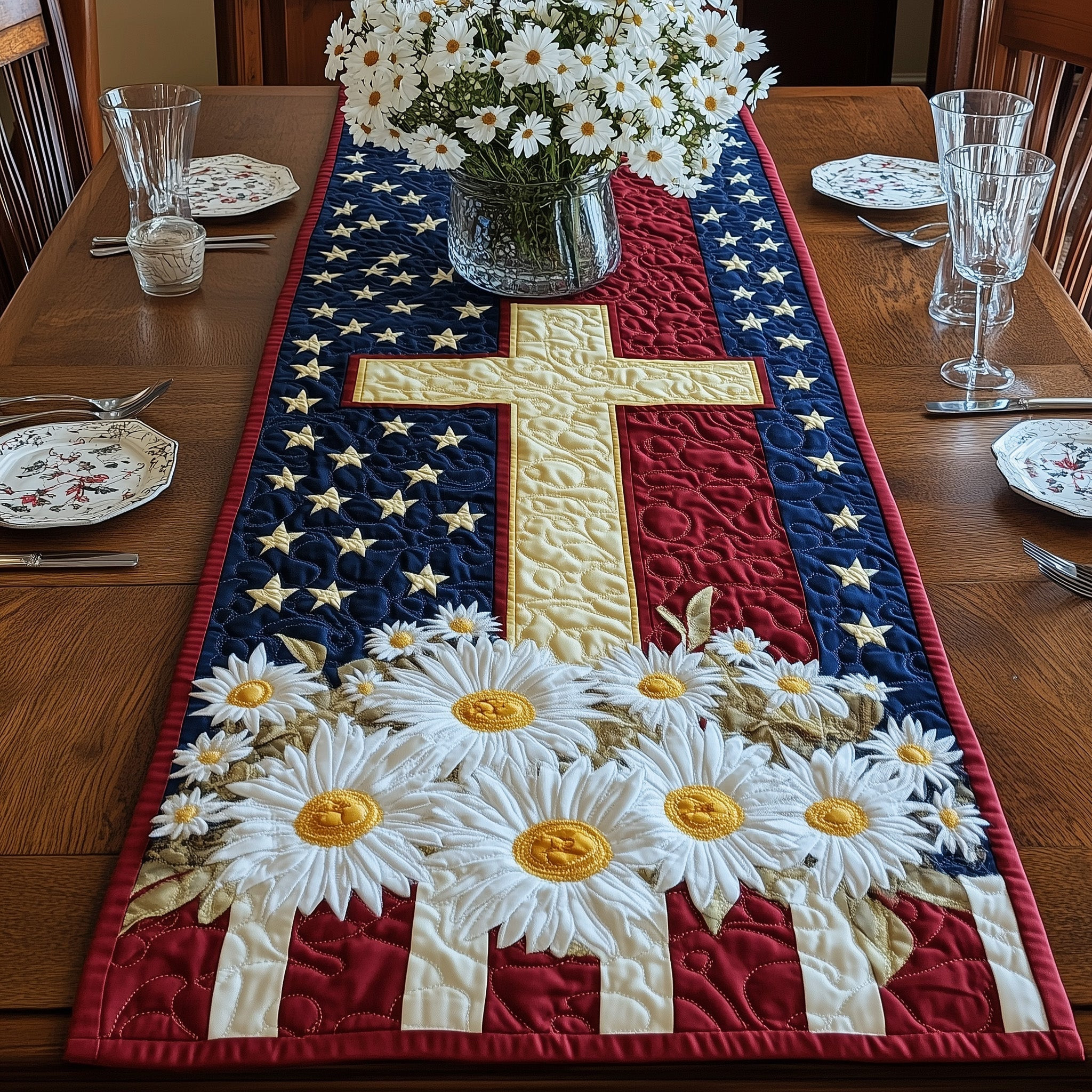 Patriotic Cross Quilted Table Runner  4th Of July Table Runner