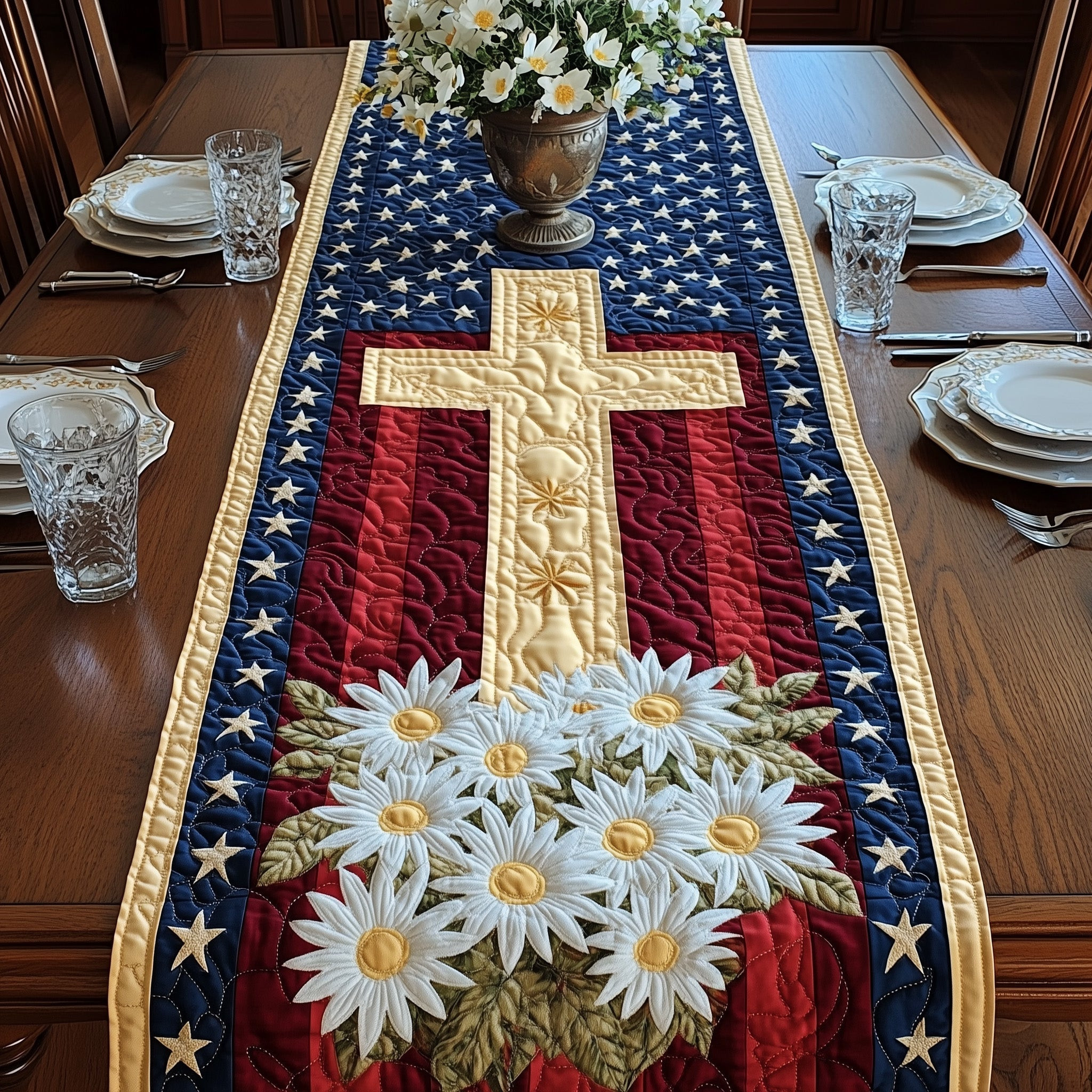 Patriotic Cross Quilted Table Runner Summer Table Runner 4Th Of July Present