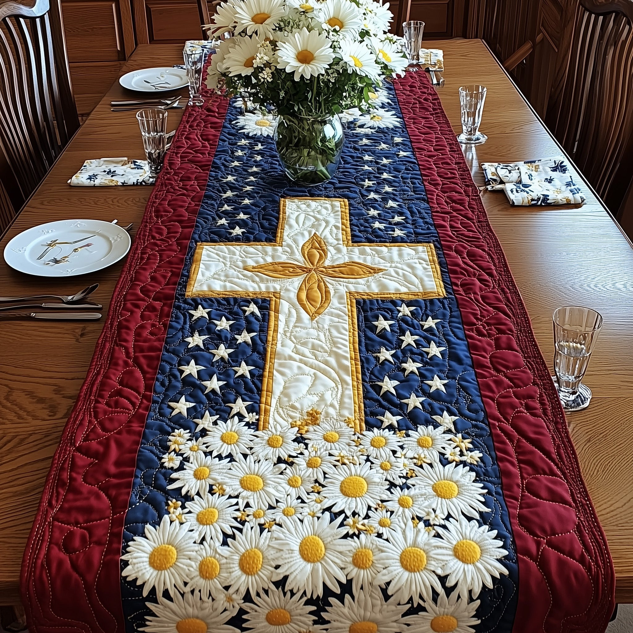 Patriotic Cross Quilted Table Runner  Summer Table Runner Cute 4Th Of July Gifts
