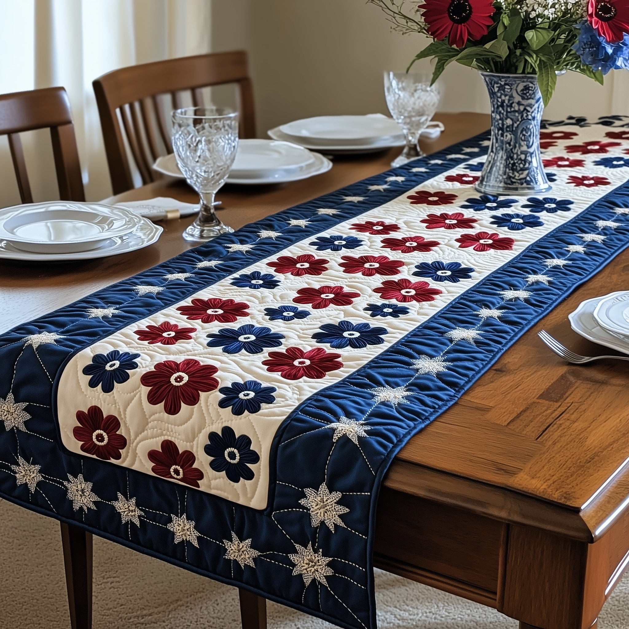 Patriotic Daisies Quilted Table Runner  Summer Table Runner 4Th Of July Themed Gifts