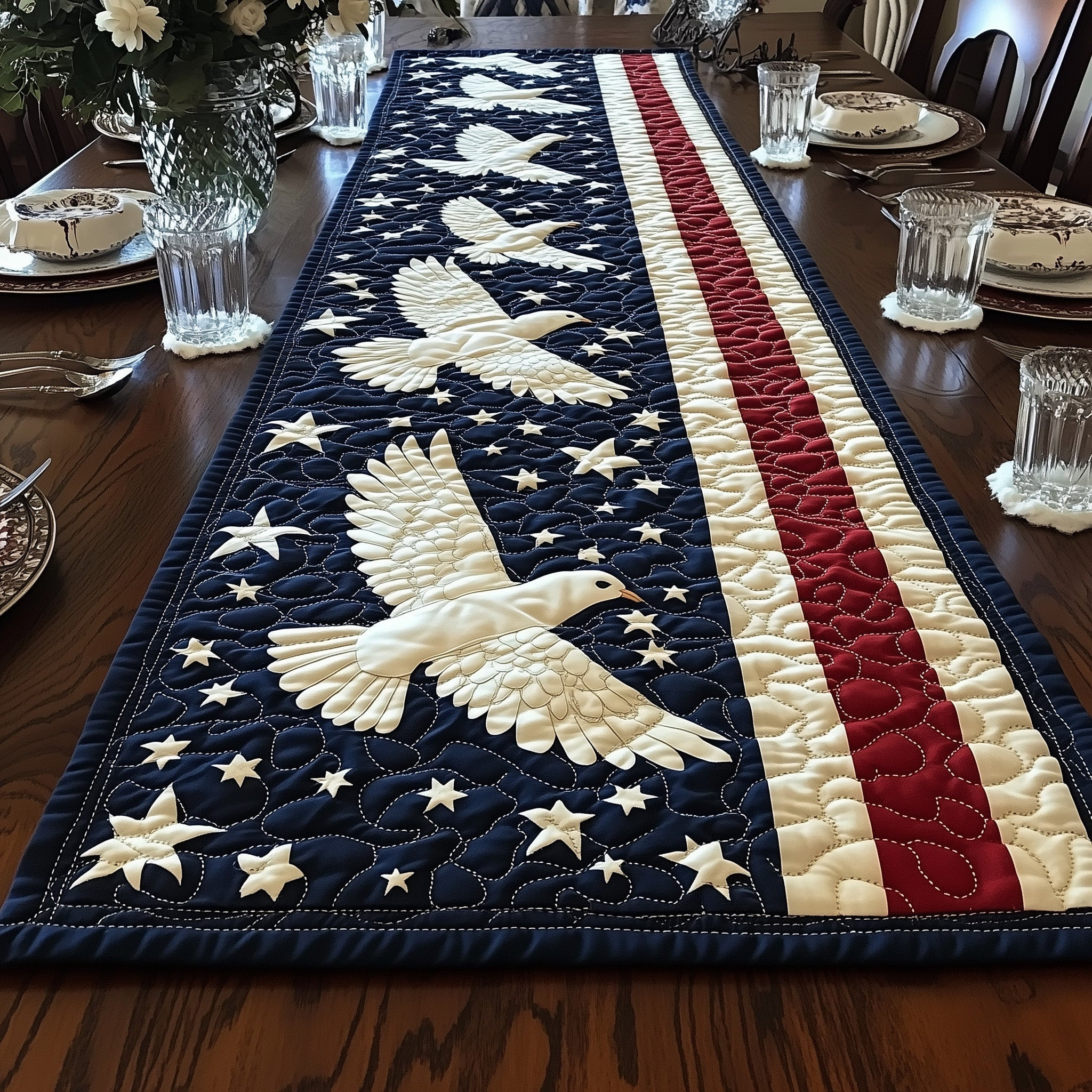 Patriotic Dove Quilted Table Runner  Holiday Table Runner Fourth Of July Hostess Gifts
