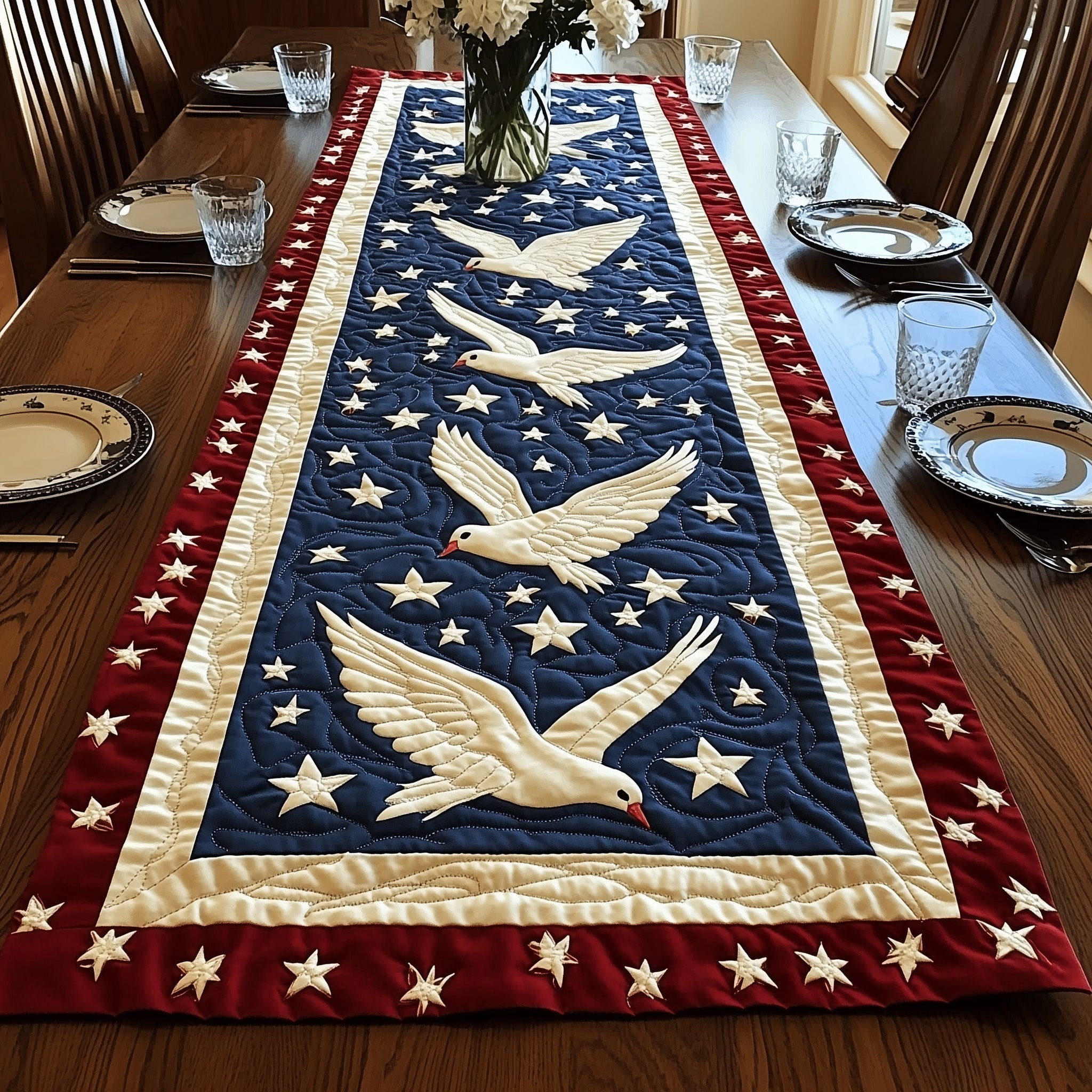 Patriotic Dove Quilted Table Runner  Summer Table Runner 4Th Of July Themed Gifts
