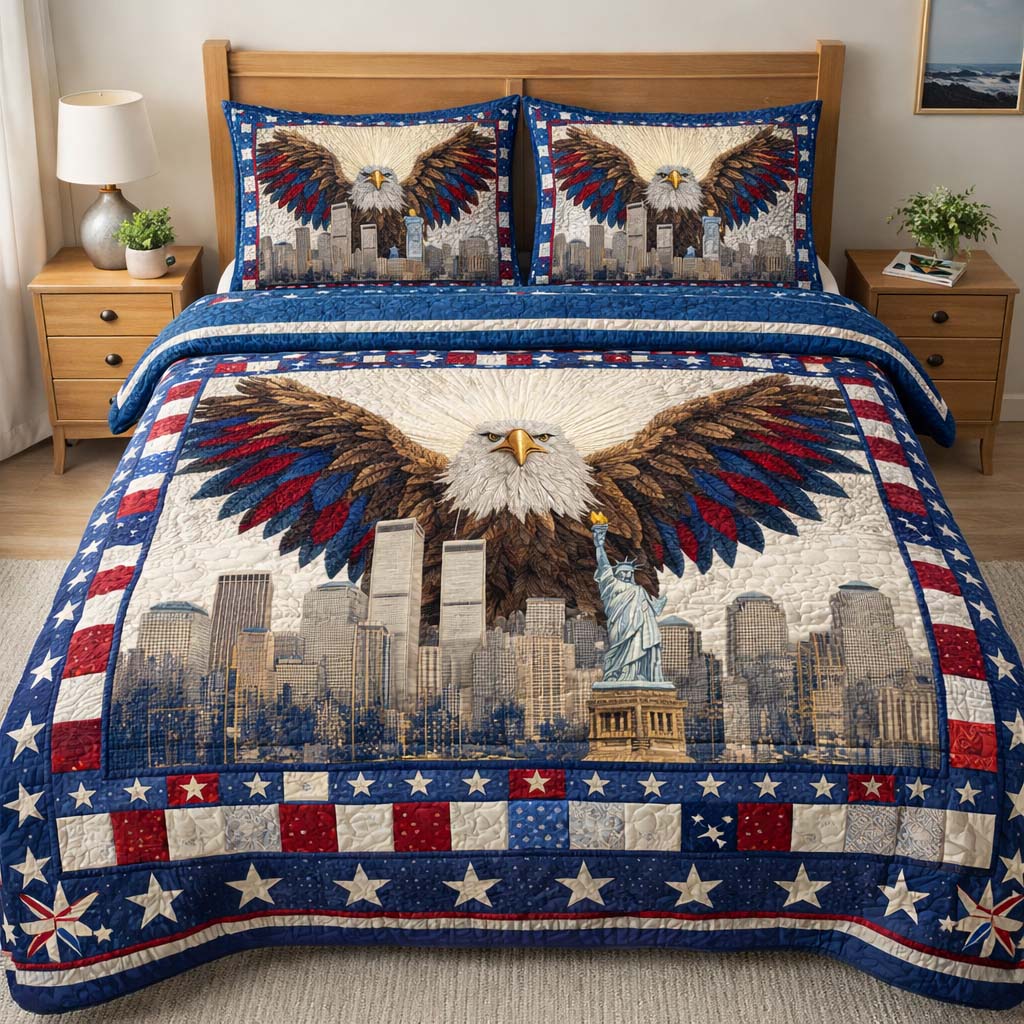 Patriotic Eagle Statue Of Liberty Quilted Bedding Set Holiday Bed Room Decorations Gift For Dad - Tradiviet