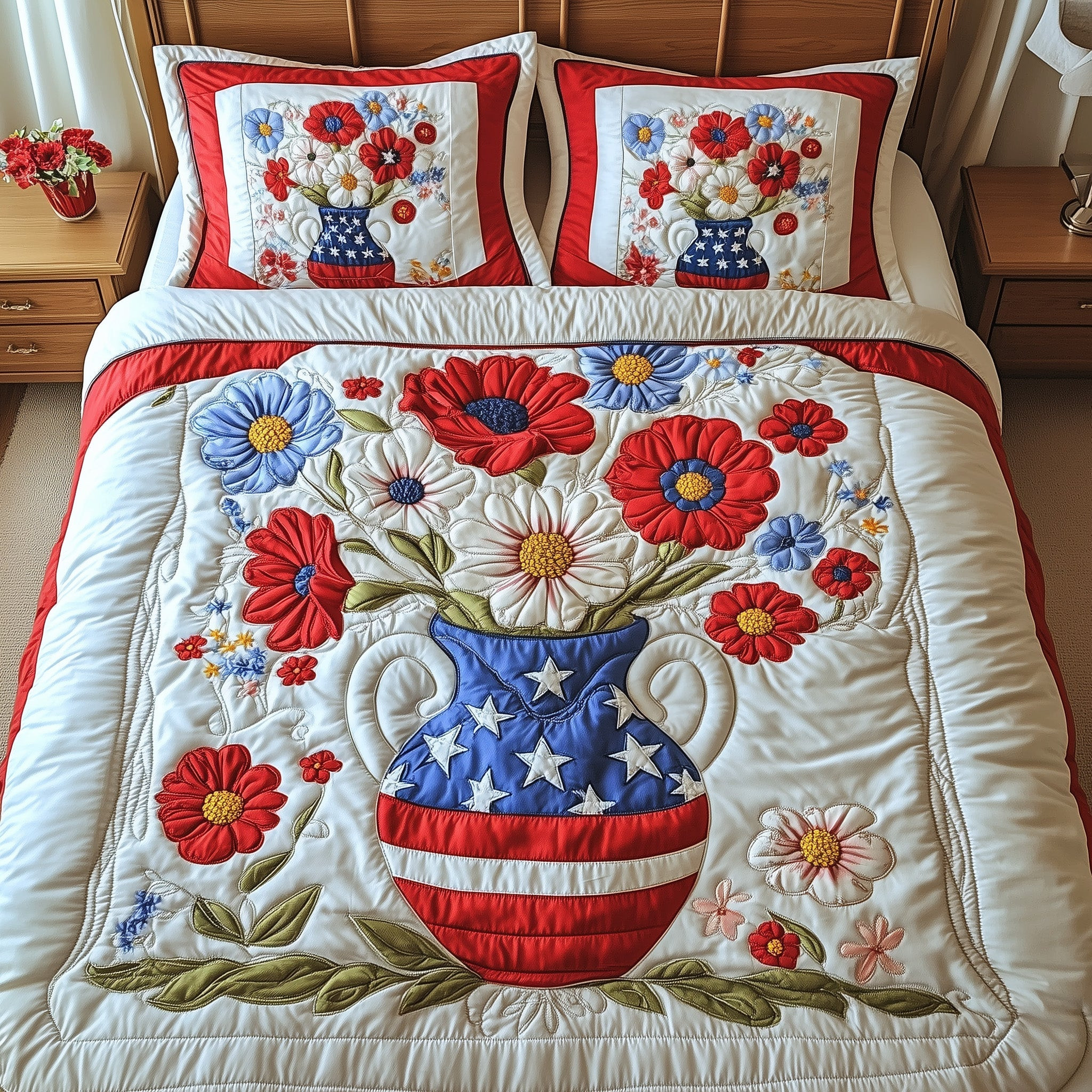 Patriotic Floral  Quilted Bedding Set Floral Duvet Cover 4Th Of July Birthday Gift Ideas