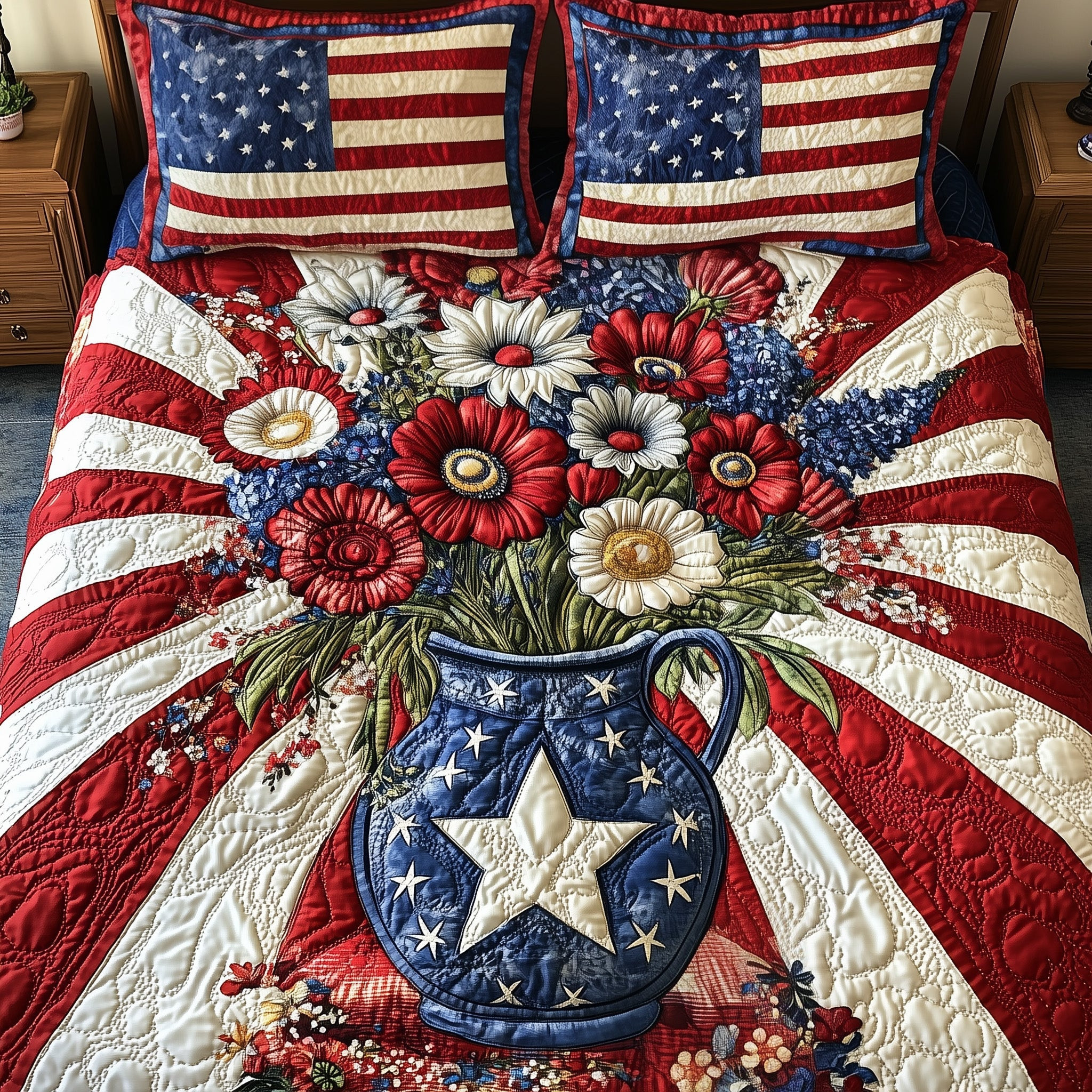 Patriotic Floral  Quilted Bedding Set King Size Bed Set 4Th Of July Present