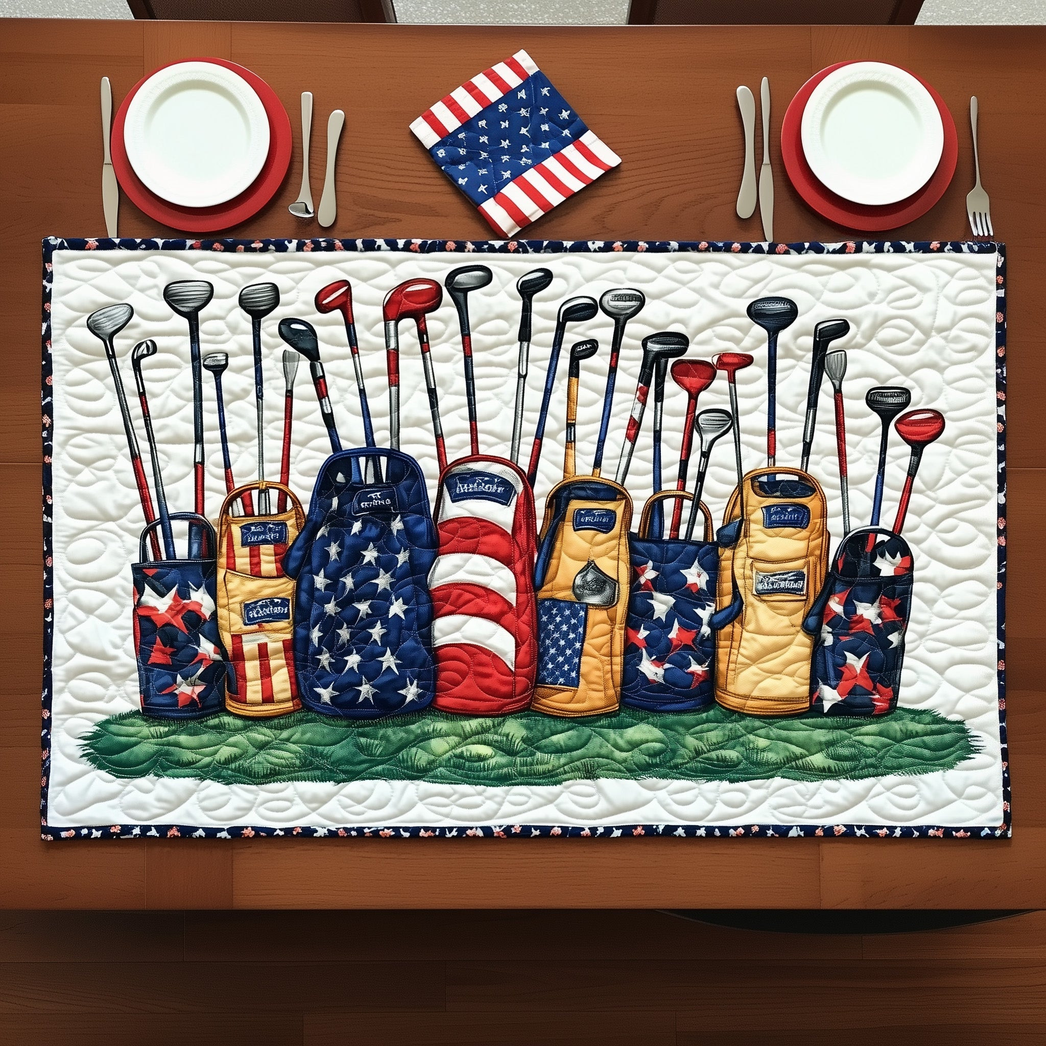 Patriotic Golfer Quilted Table Runner Summer Table Runner 4Th Of July Themed Gifts