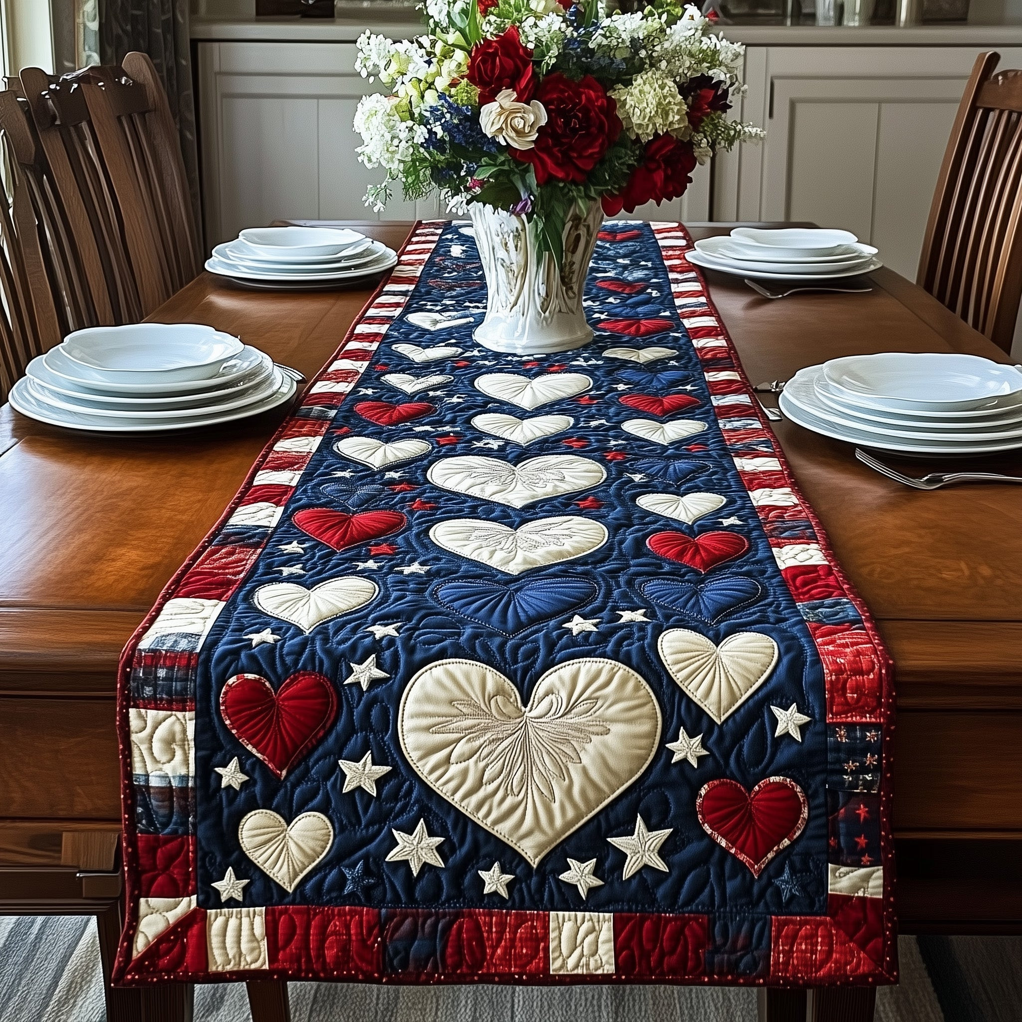Patriotic Heart Bloom Quilted Table Runner  4Th Of July Client Gifts