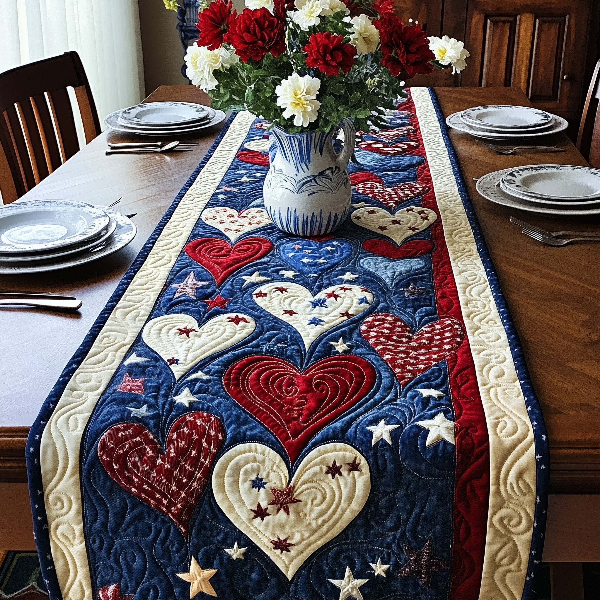 Patriotic Heart Bloom Quilted Table Runner  Fourth Of July Hostess Gifts