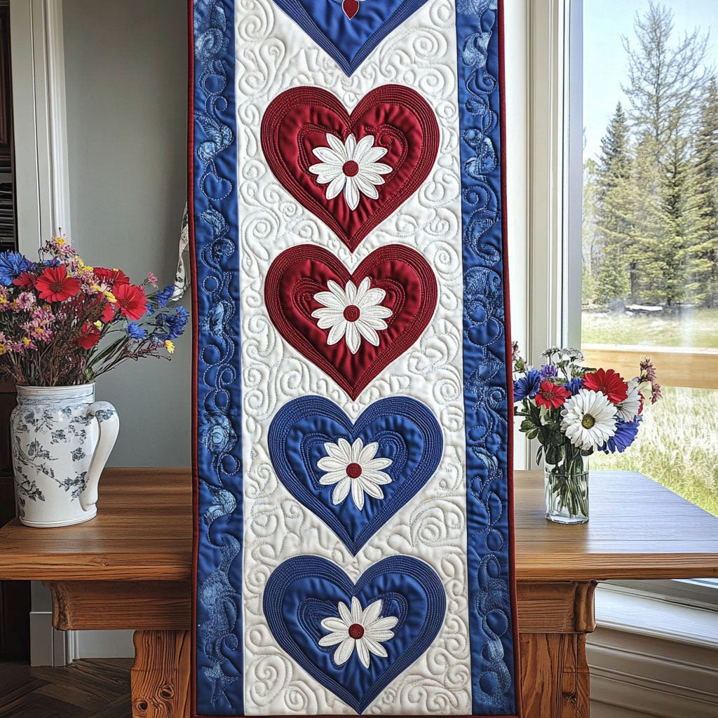 Patriotic Heartbeat Quilted Table Runner  Independence Day Runner 4Th Of July Present