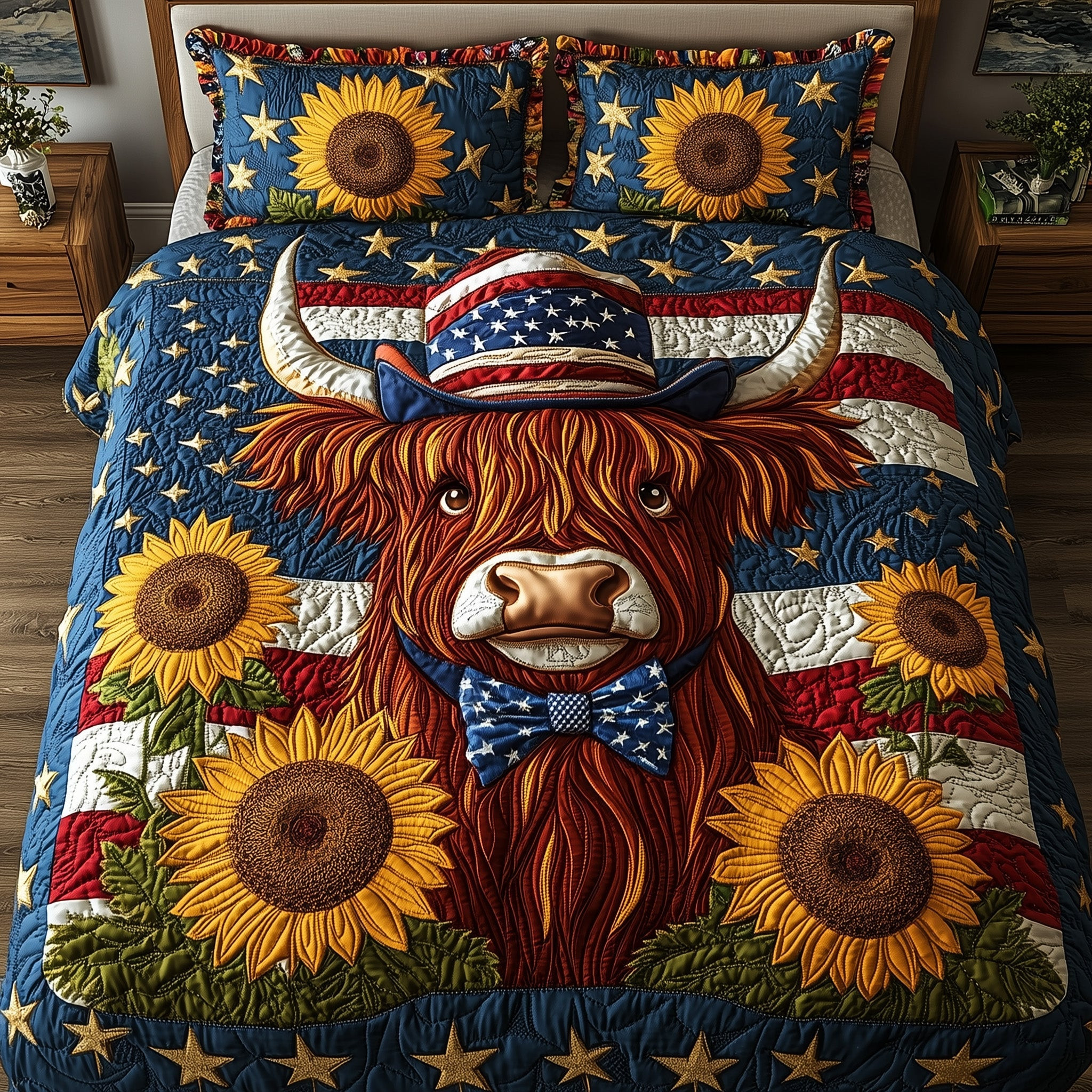 Patriotic Highland Cow  Quilted Bedding Set  Duvet Cover Queen 4Th Of July Neighbor Gifts