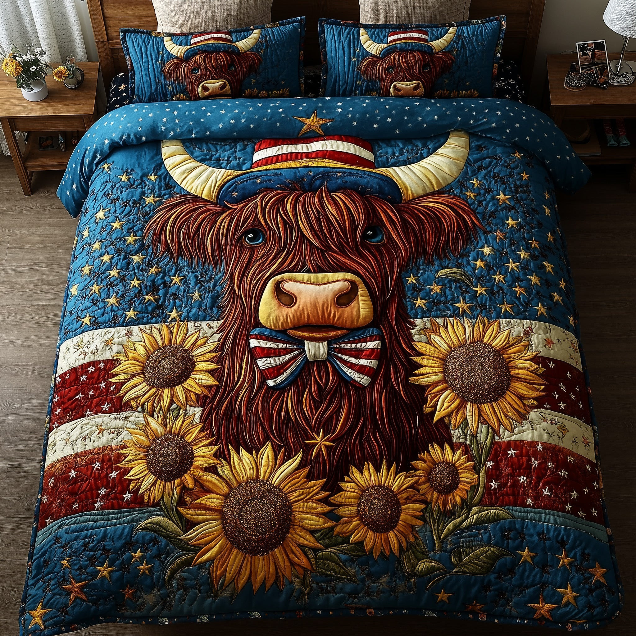 Patriotic Highland Cow  Quilted Bedding Set  Duvet Cover Queen Cute 4Th Of July Gifts
