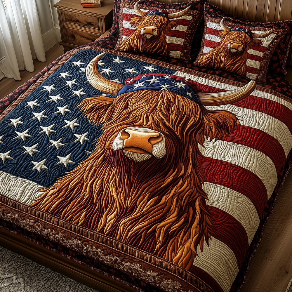 Patriotic Highland Cow Quilted Bedding Set Holiday Bedroom Decor Gift For Cow Lover - Tradiviet