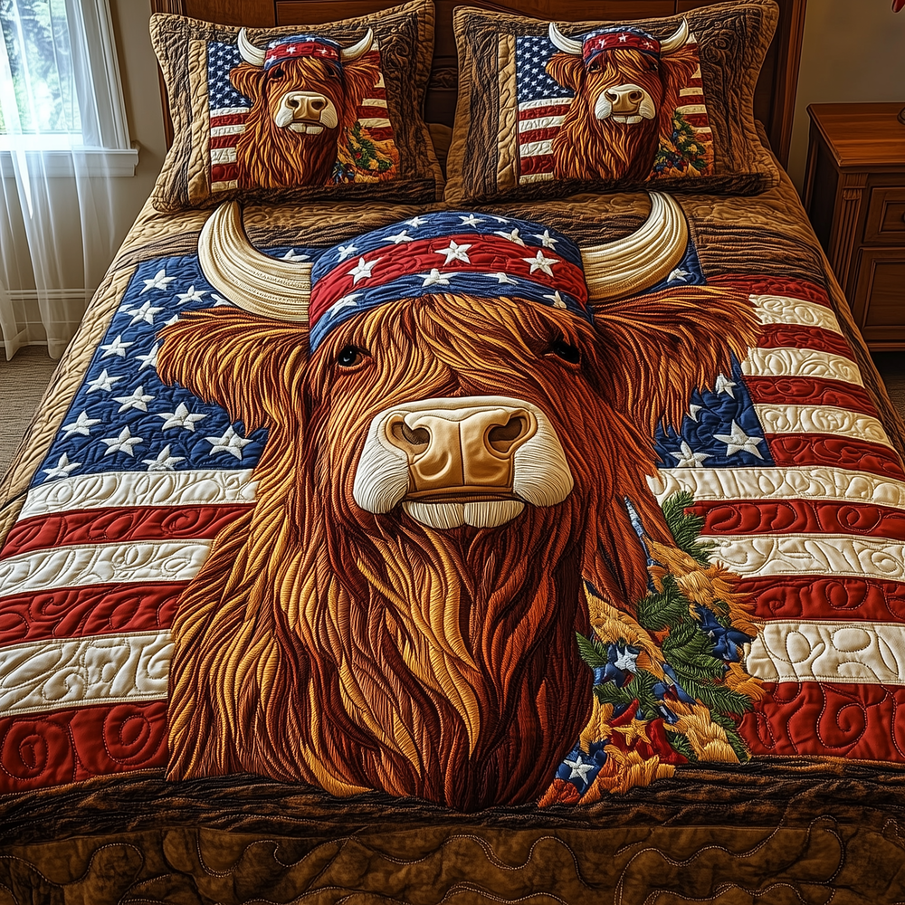Patriotic Highland Cow Quilted Bedding Set Holiday Bedroom Decor Gift For Farm Lover - Tradiviet
