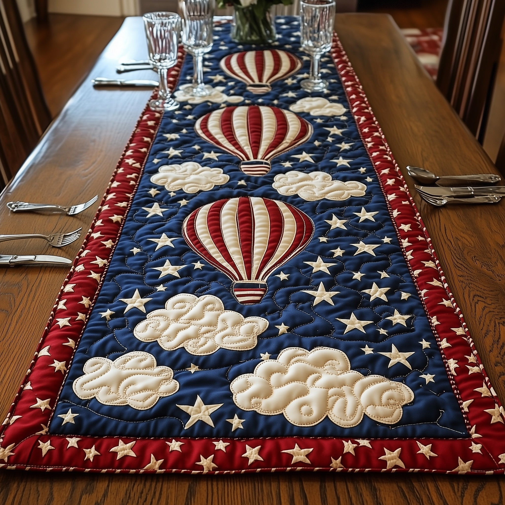 Patriotic Hot Air Balloon Quilted Table Runner  4Th Of July Client Gifts