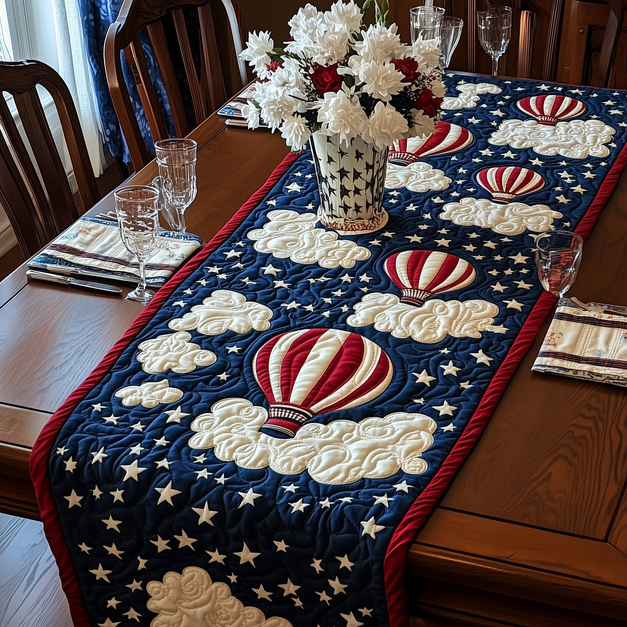 Patriotic Hot Air Balloon Quilted Table Runner  Dining Table Runner 4Th Of July Employee Gifts
