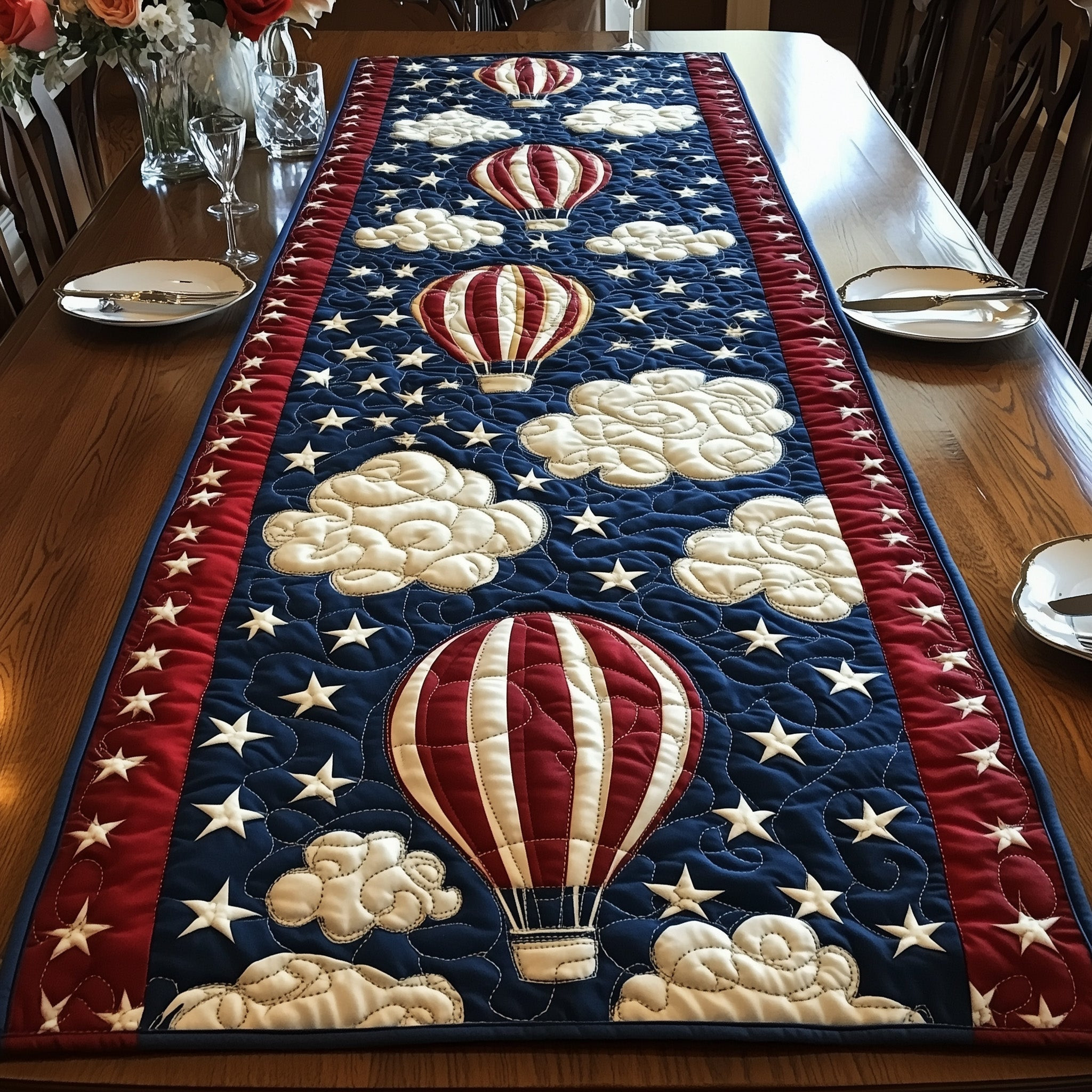 Patriotic Hot Air Balloon Quilted Table Runner  Fourth Of July Hostess Gifts