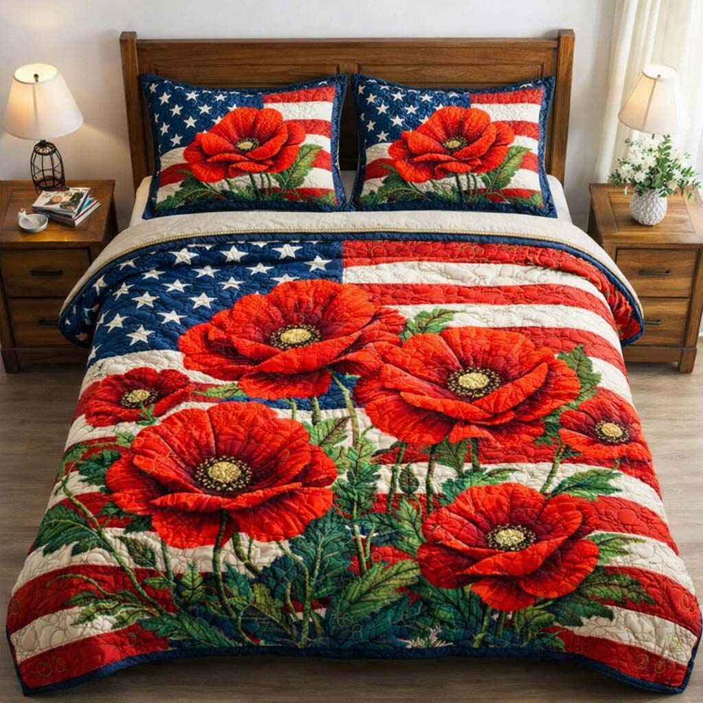 Patriotic Liberty Poppy Quilted Bedding Set Good Bedroom Decor Best Patriotic Gifts - Tradiviet