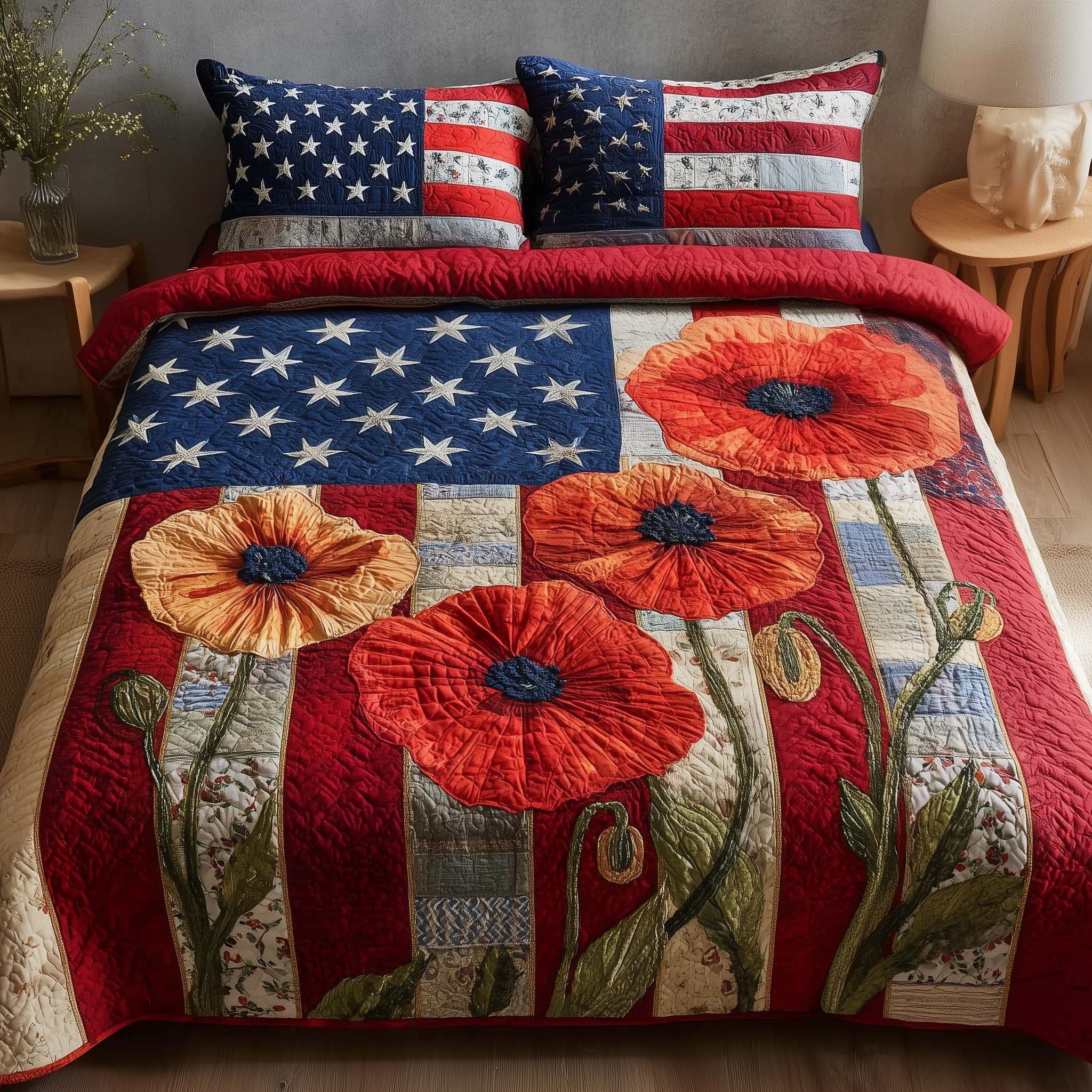 Patriotic Liberty Poppy Quilted Bedding Set Good Bedroom Decor Gift For Women - Tradiviet