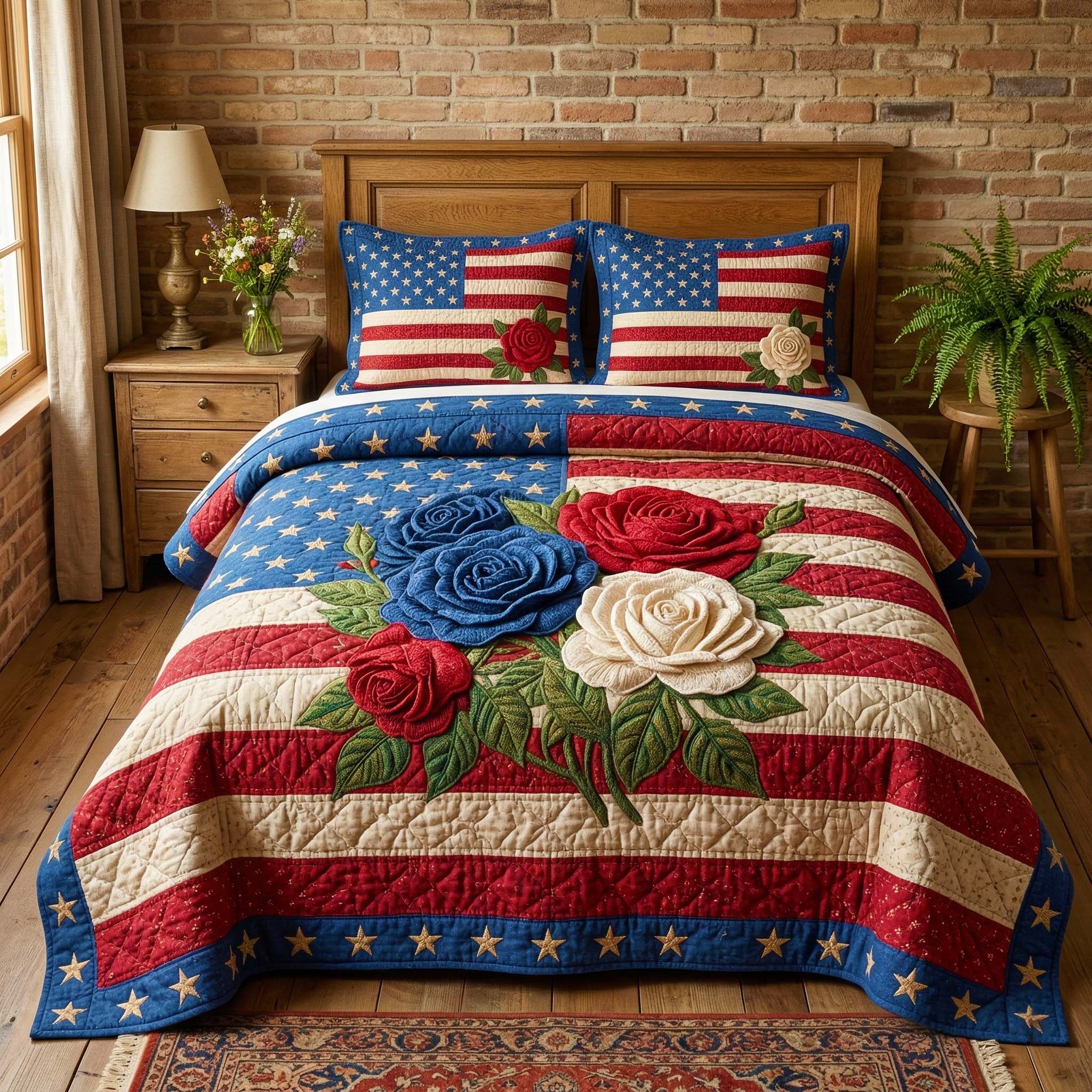 Patriotic Liberty Roses Quilted Bedding Set Good Bedroom Decor Gifts For A Patriotic Person - Tradiviet