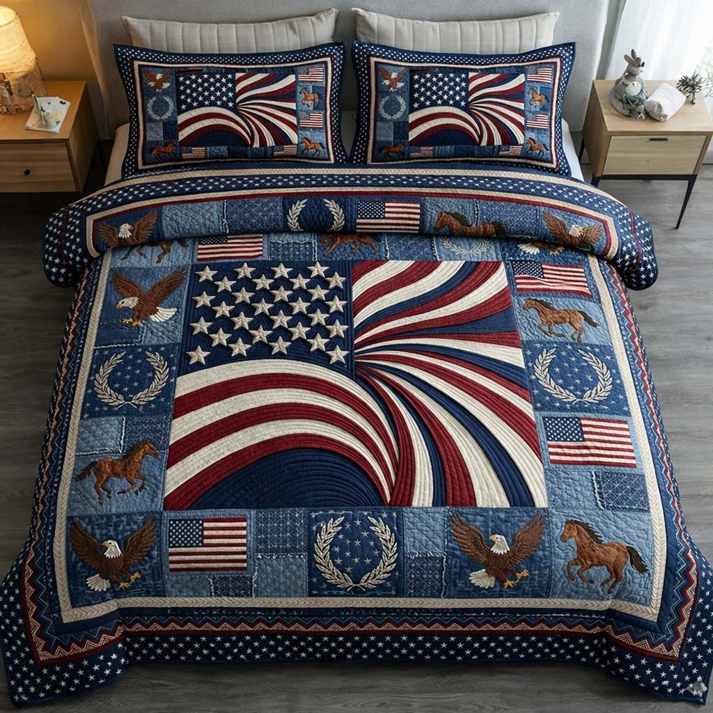 Patriotic Patchwork Quilted Bedding Set Holiday Bedroom Decor Gifts Ideas For Dad - Tradiviet