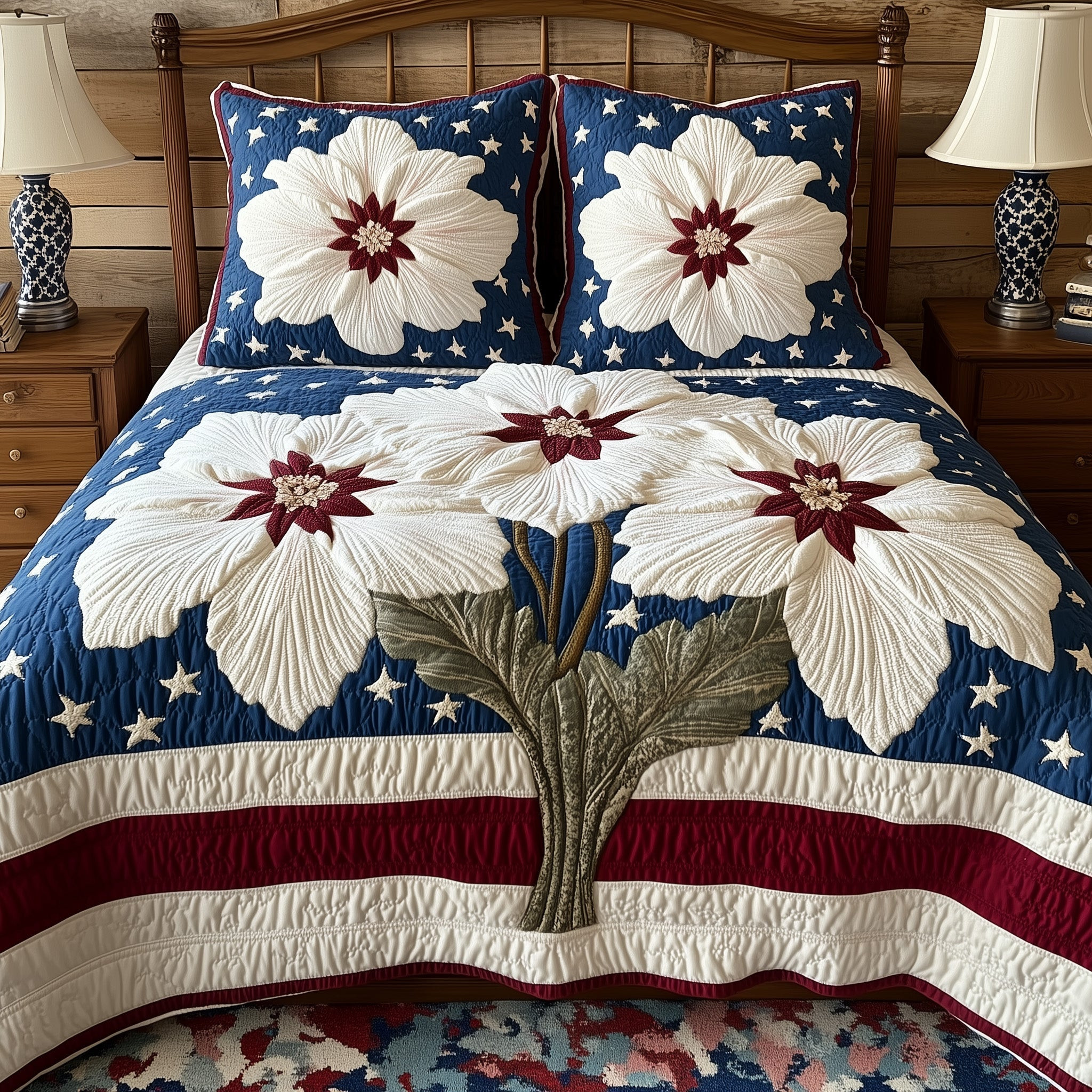 Patriotic Petals  Quilted Bedding Set  Duvet Cover Queen Best 4Th Of July Gifts